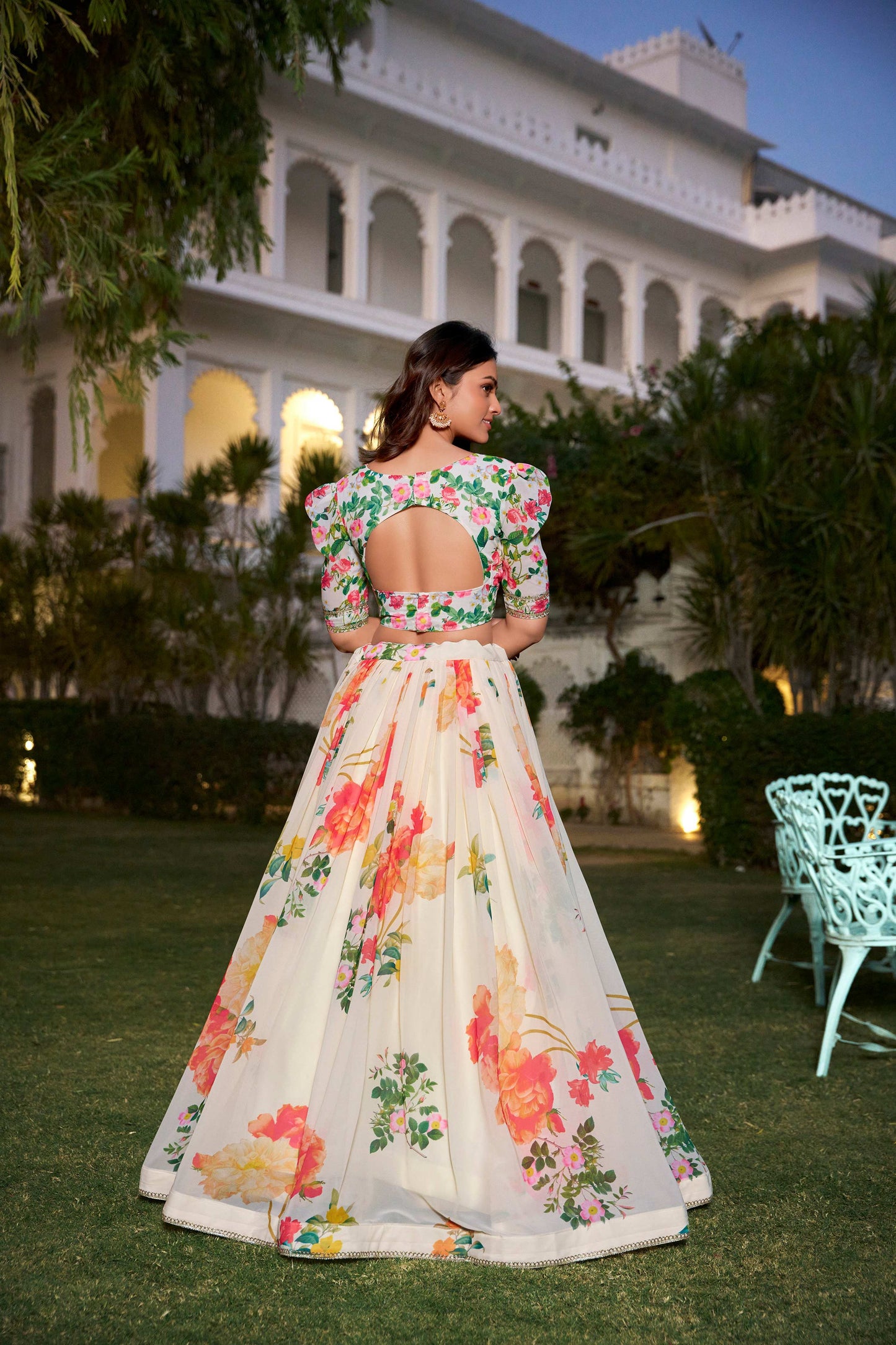 Lorenvalley Fashion Cream Georgette Floral Print With Lace Border Lehenga Choli with Dupatta - Swadesiicart