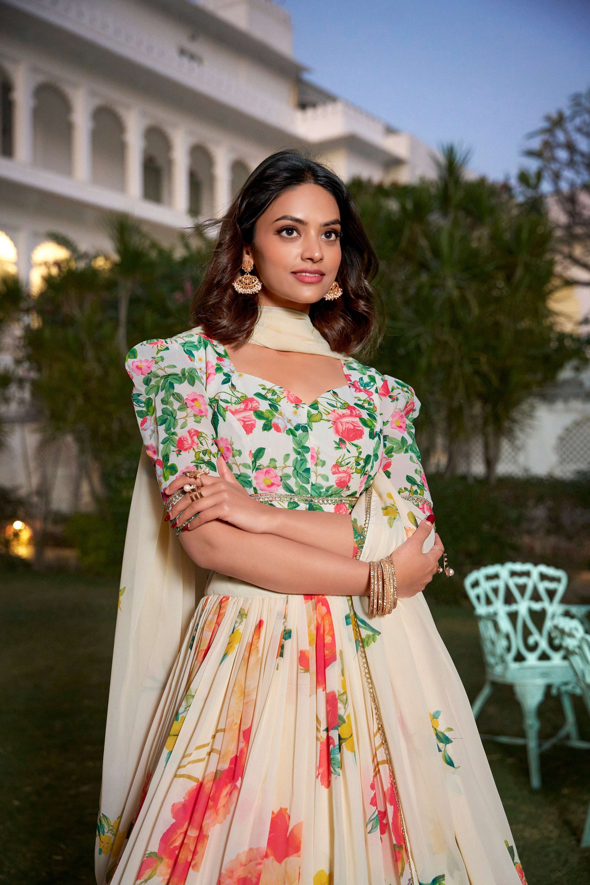 Lorenvalley Fashion Cream Georgette Floral Print With Lace Border Lehenga Choli with Dupatta - Swadesiicart