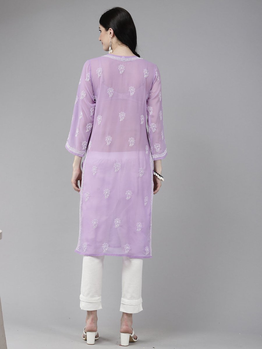 ADA Women Purple & White Ethnic Motifs Embroidered Chikankari Georgette Kurta | Swadesiicart