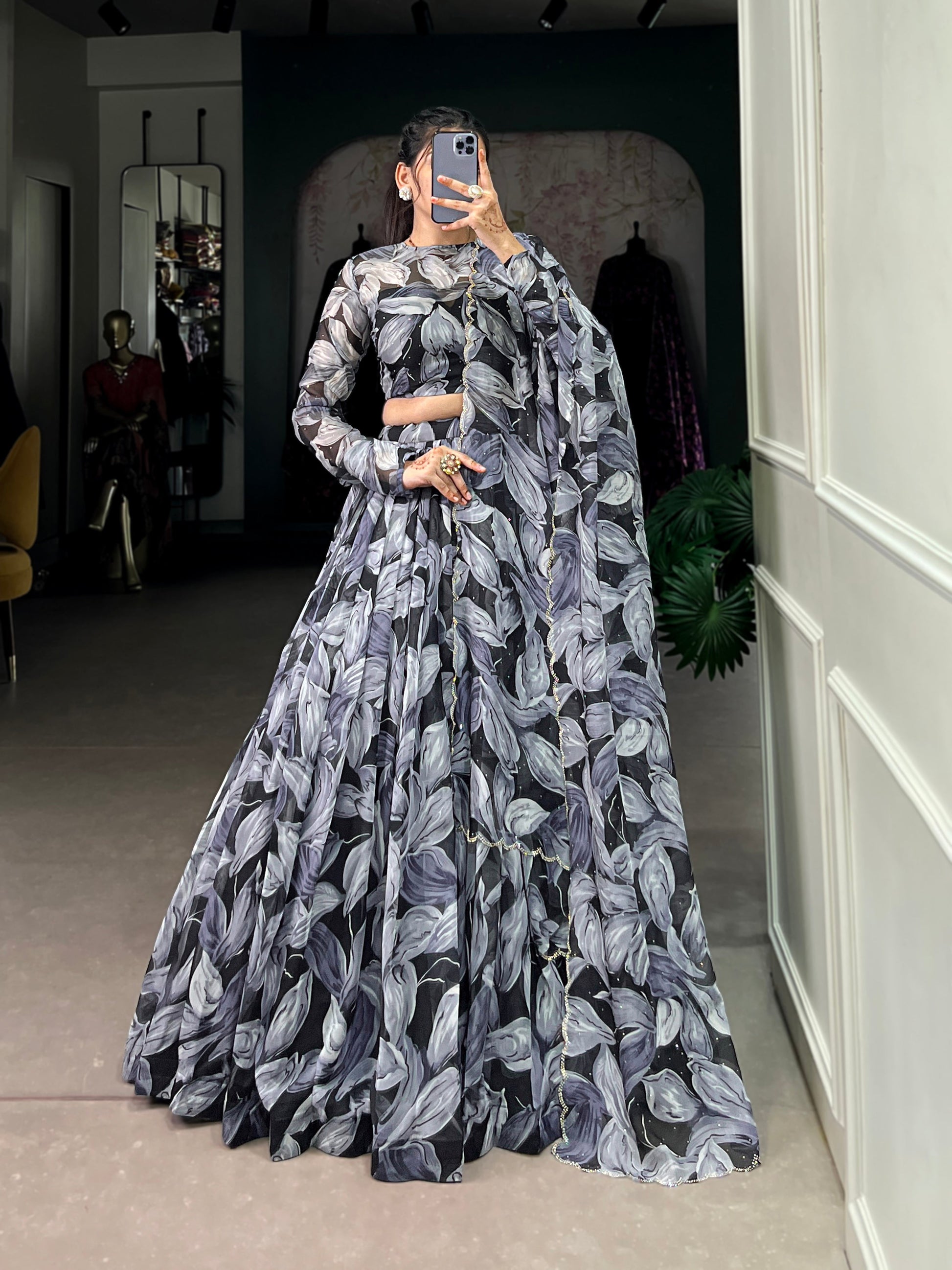 Lorenvalley Black Tabby Silk Printed with Hotfix Lehenga Choli with Dupatta | Swadesiicart