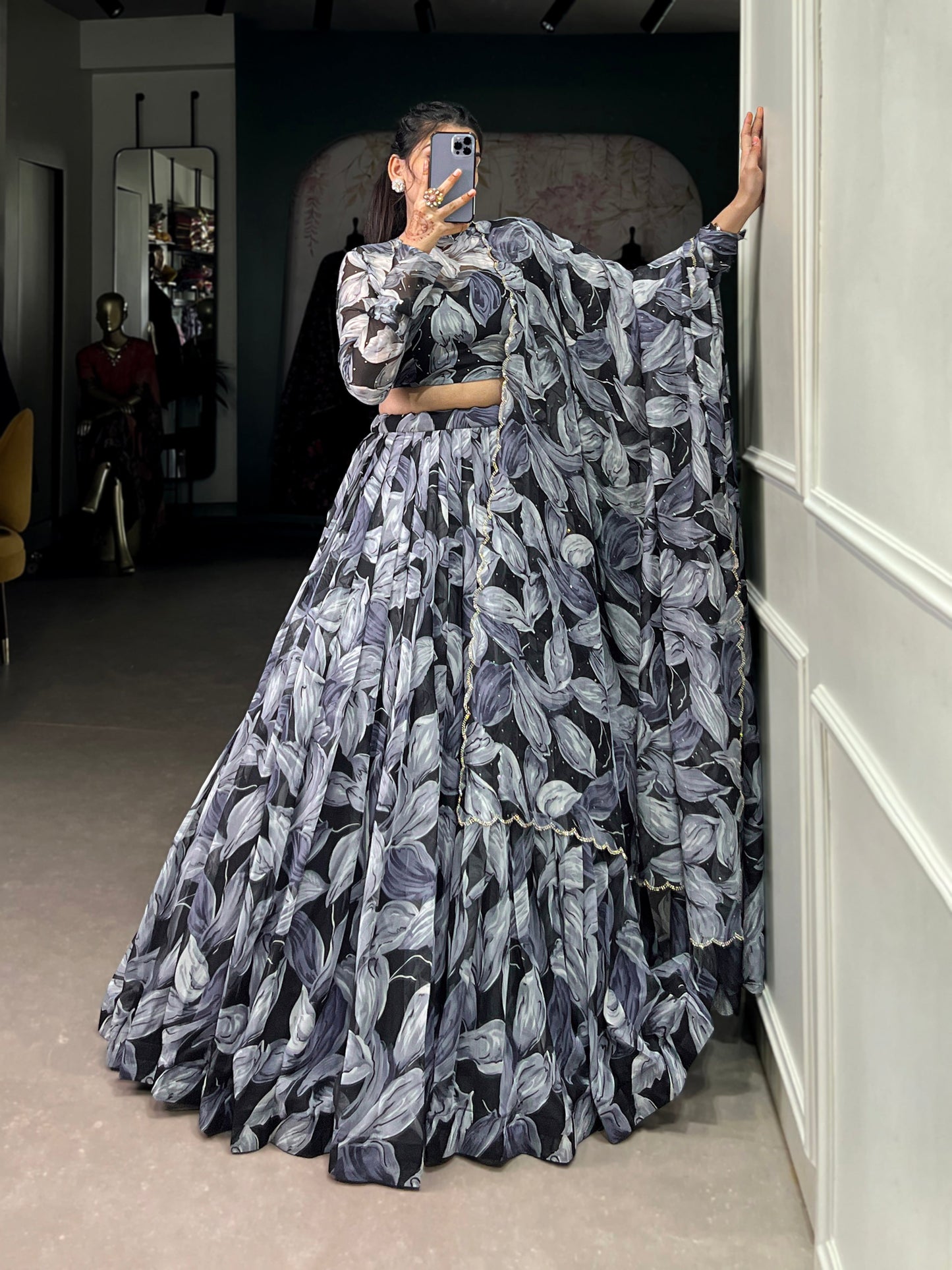Lorenvalley Black Tabby Silk Printed with Hotfix Lehenga Choli with Dupatta | Swadesiicart