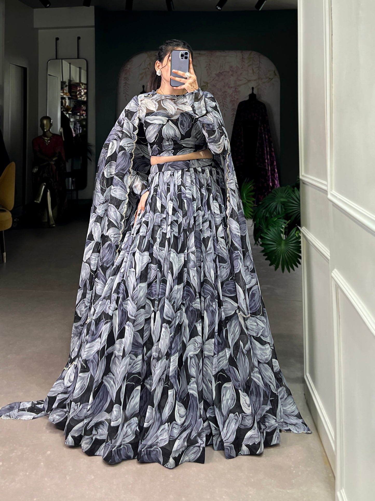 Lorenvalley Black Tabby Silk Printed with Hotfix Lehenga Choli with Dupatta | Swadesiicart