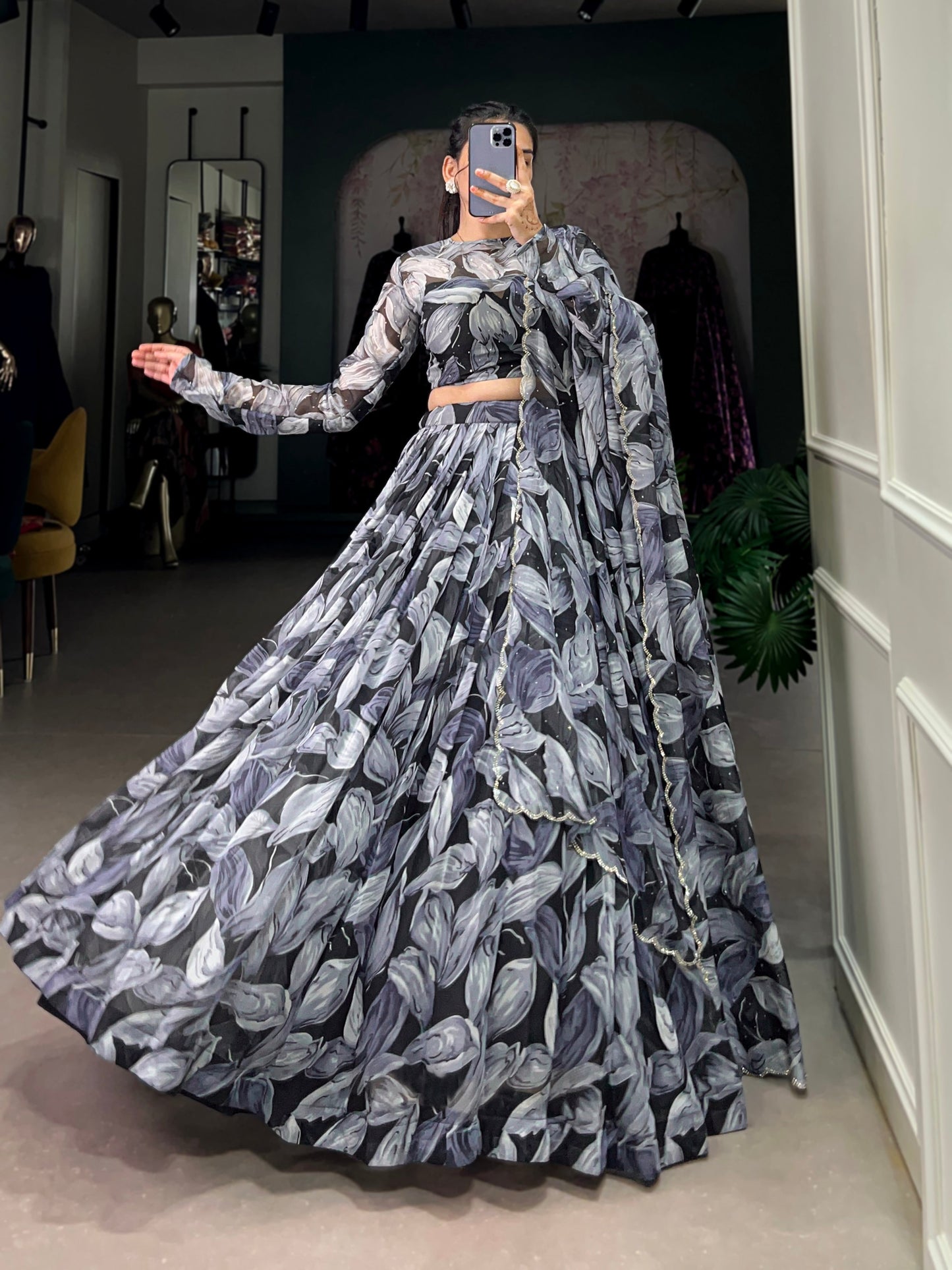 Lorenvalley Black Tabby Silk Printed with Hotfix Lehenga Choli with Dupatta | Swadesiicart