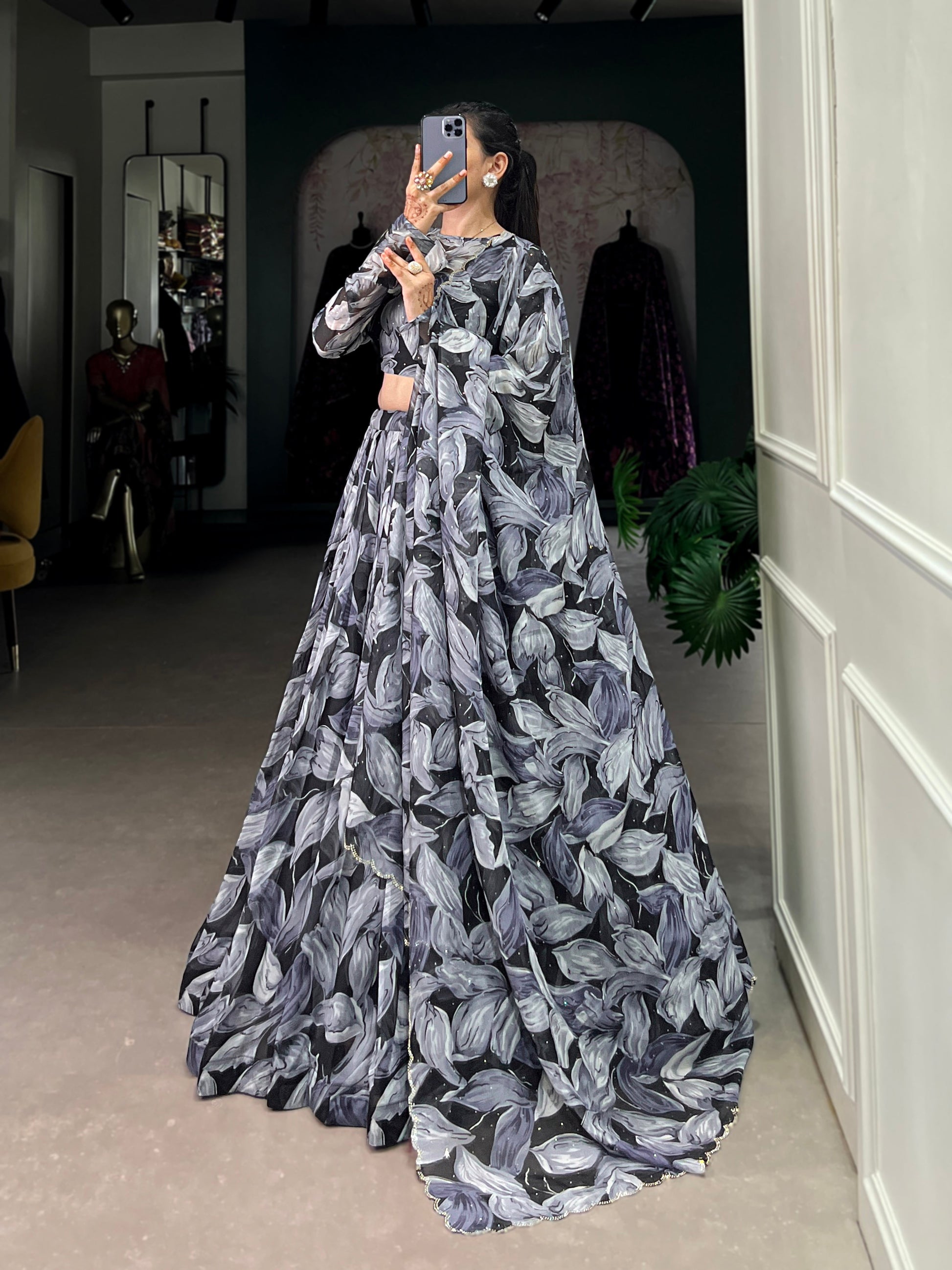 Lorenvalley Black Tabby Silk Printed with Hotfix Lehenga Choli with Dupatta | Swadesiicart