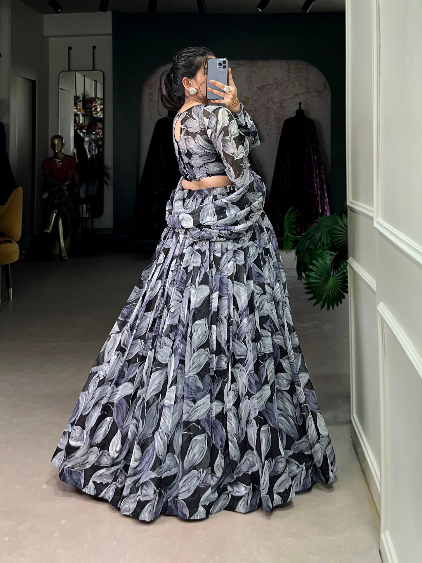 Lorenvalley Black Tabby Silk Printed with Hotfix Lehenga Choli with Dupatta | Swadesiicart