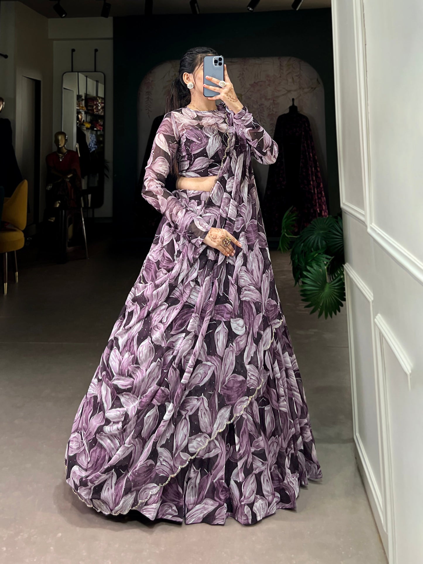 Lorenvalley Coffee Tabby Silk Printed with Hotfix Lehenga Choli with Dupatta | Swadesiicart