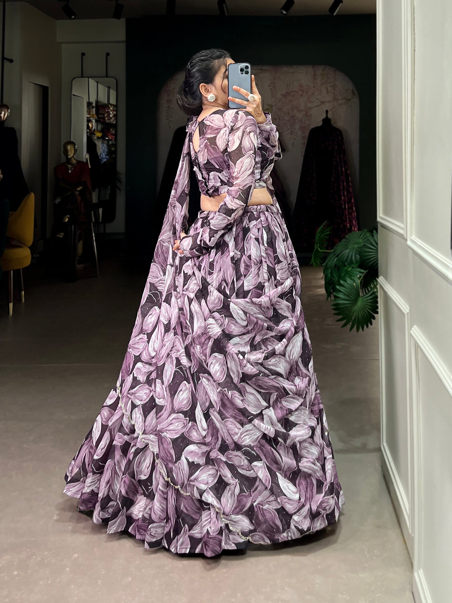 Lorenvalley Coffee Tabby Silk Printed with Hotfix Lehenga Choli with Dupatta | Swadesiicart