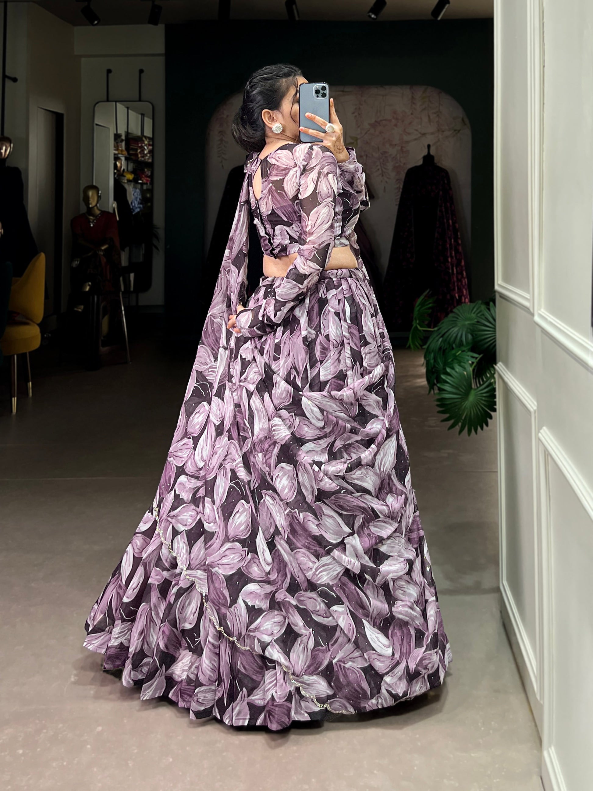 Lorenvalley Coffee Tabby Silk Printed with Hotfix Lehenga Choli with Dupatta | Swadesiicart