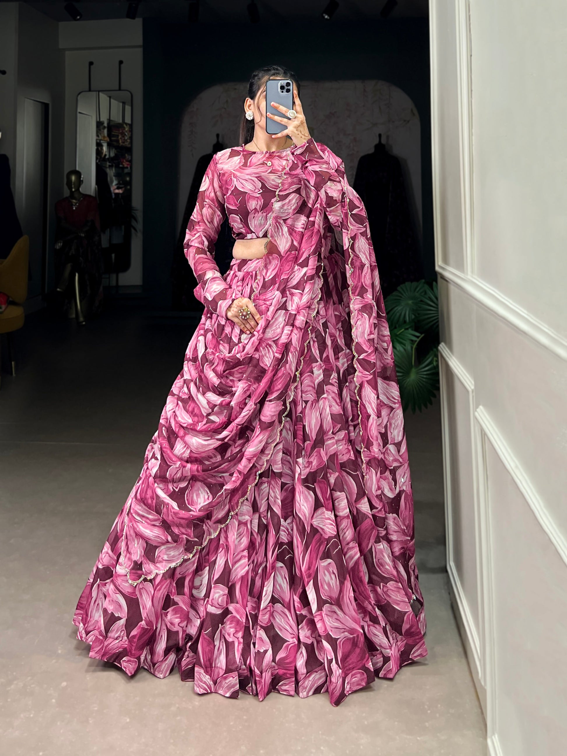 Lorenvalley Maroon Tabby Silk Printed with Hotfix Lehenga Choli with Dupatta | Swadesiicart