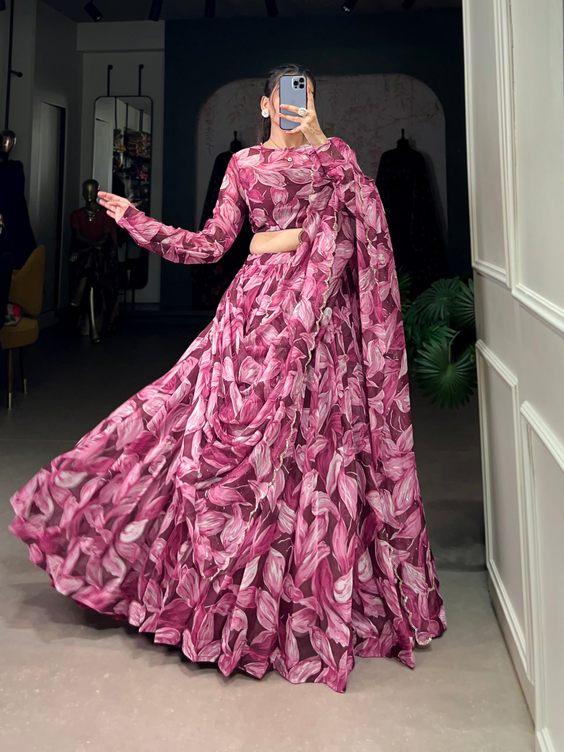 Lorenvalley Maroon Tabby Silk Printed with Hotfix Lehenga Choli with Dupatta | Swadesiicart