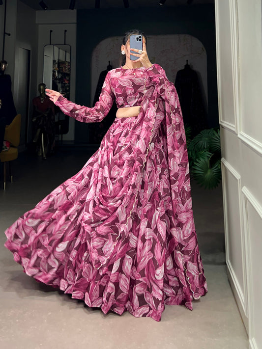 Lorenvalley Maroon Tabby Silk Printed with Hotfix Lehenga Choli with Dupatta | Swadesiicart