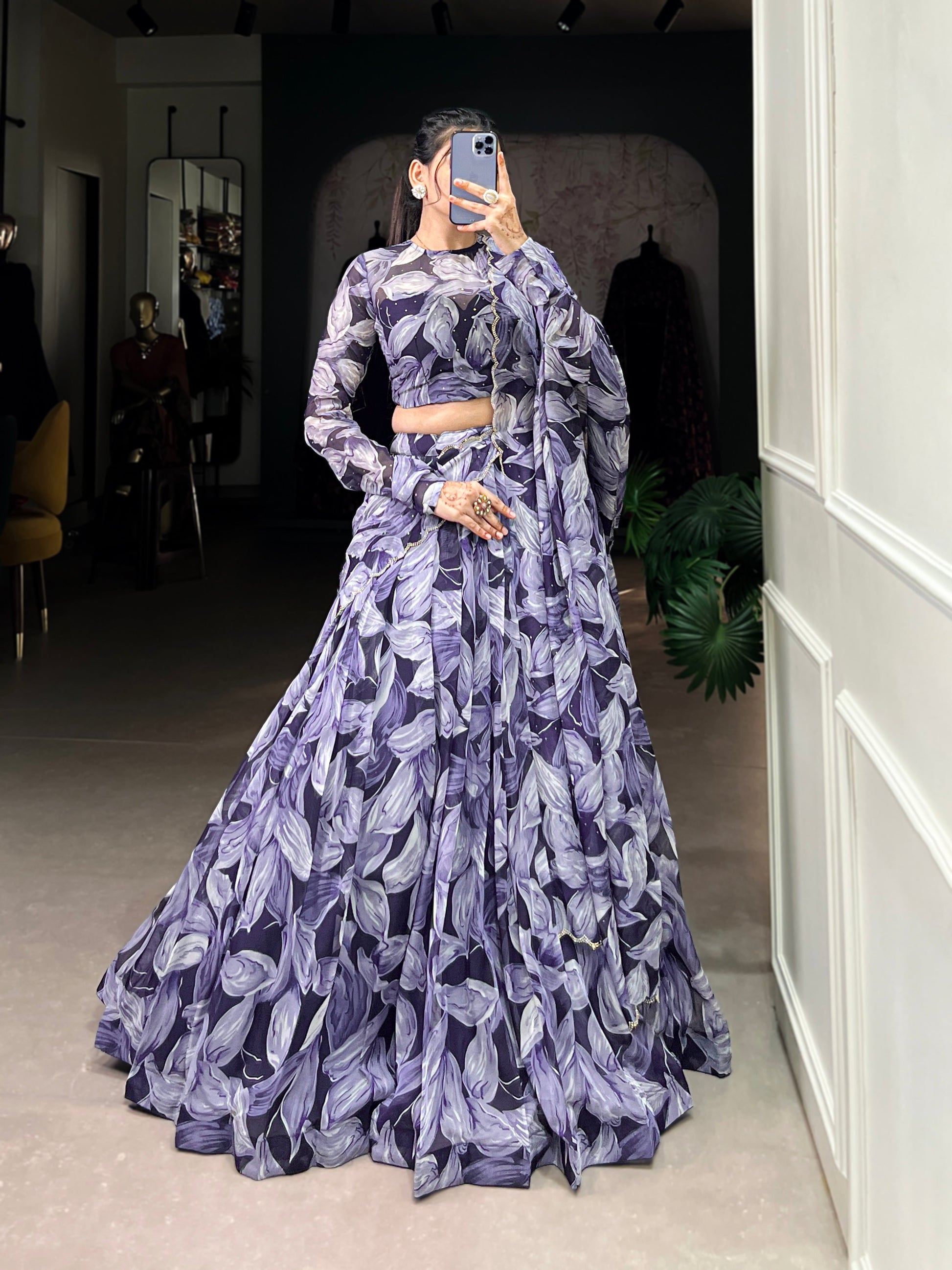 Lorenvalley Navy Blue Floral Print With Lace Touch Up Lehenga Choli with Dupatta | Swadesiicart