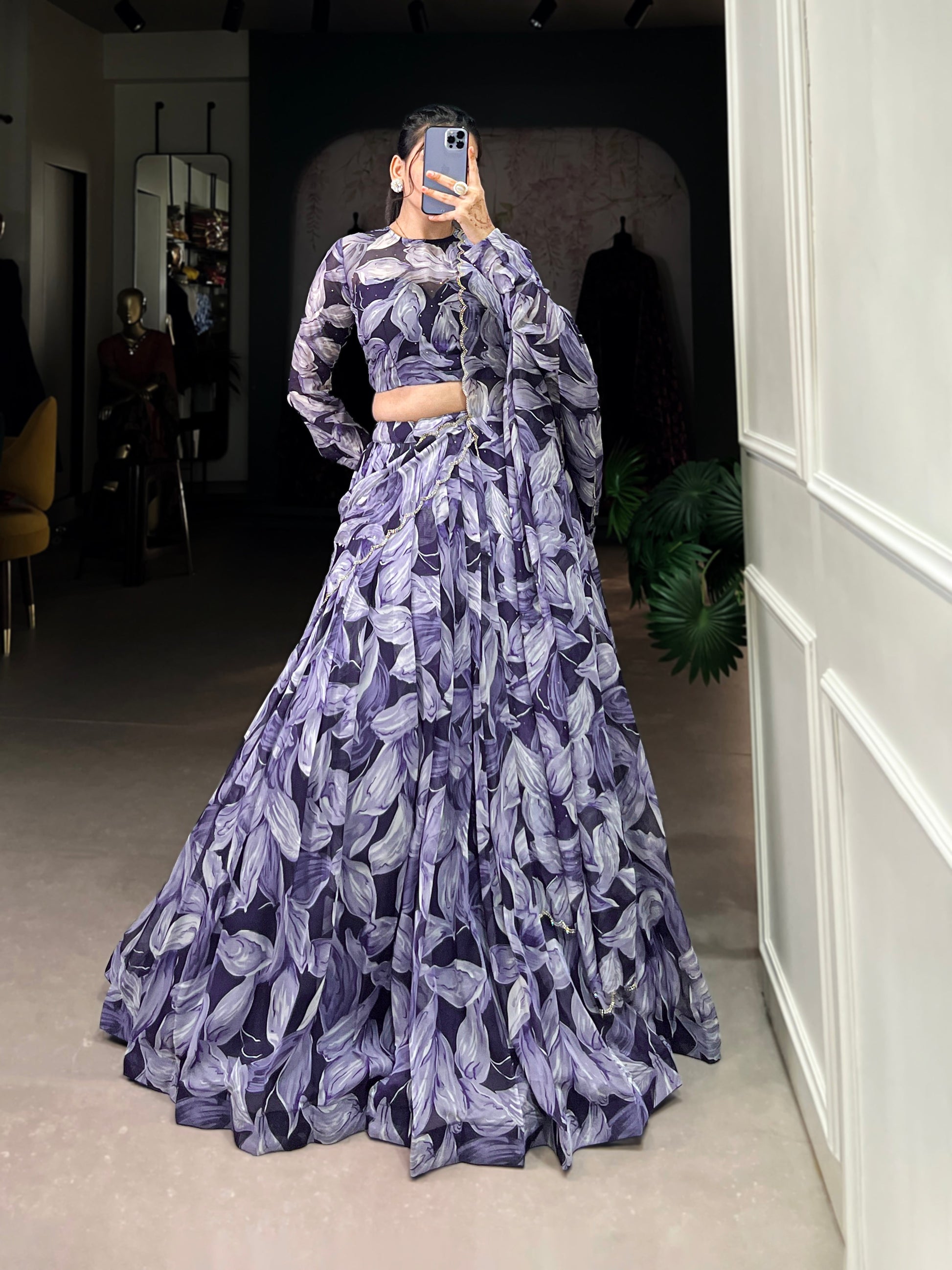 Lorenvalley Navy Blue Floral Print With Lace Touch Up Lehenga Choli with Dupatta | Swadesiicart