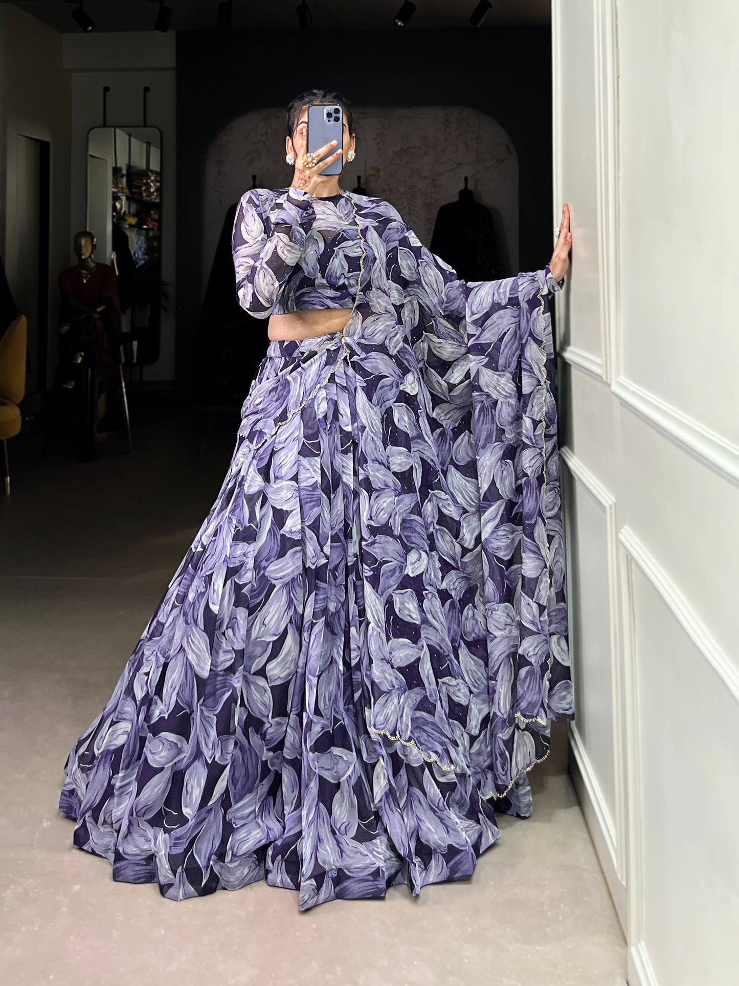 Lorenvalley Navy Blue Floral Print With Lace Touch Up Lehenga Choli with Dupatta | Swadesiicart