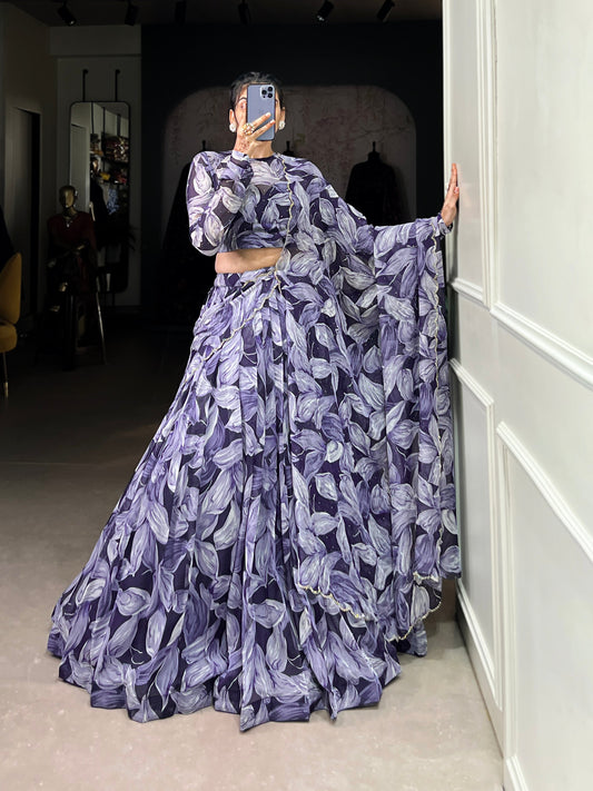 Lorenvalley Navy Blue Floral Print With Lace Touch Up Lehenga Choli with Dupatta | Swadesiicart