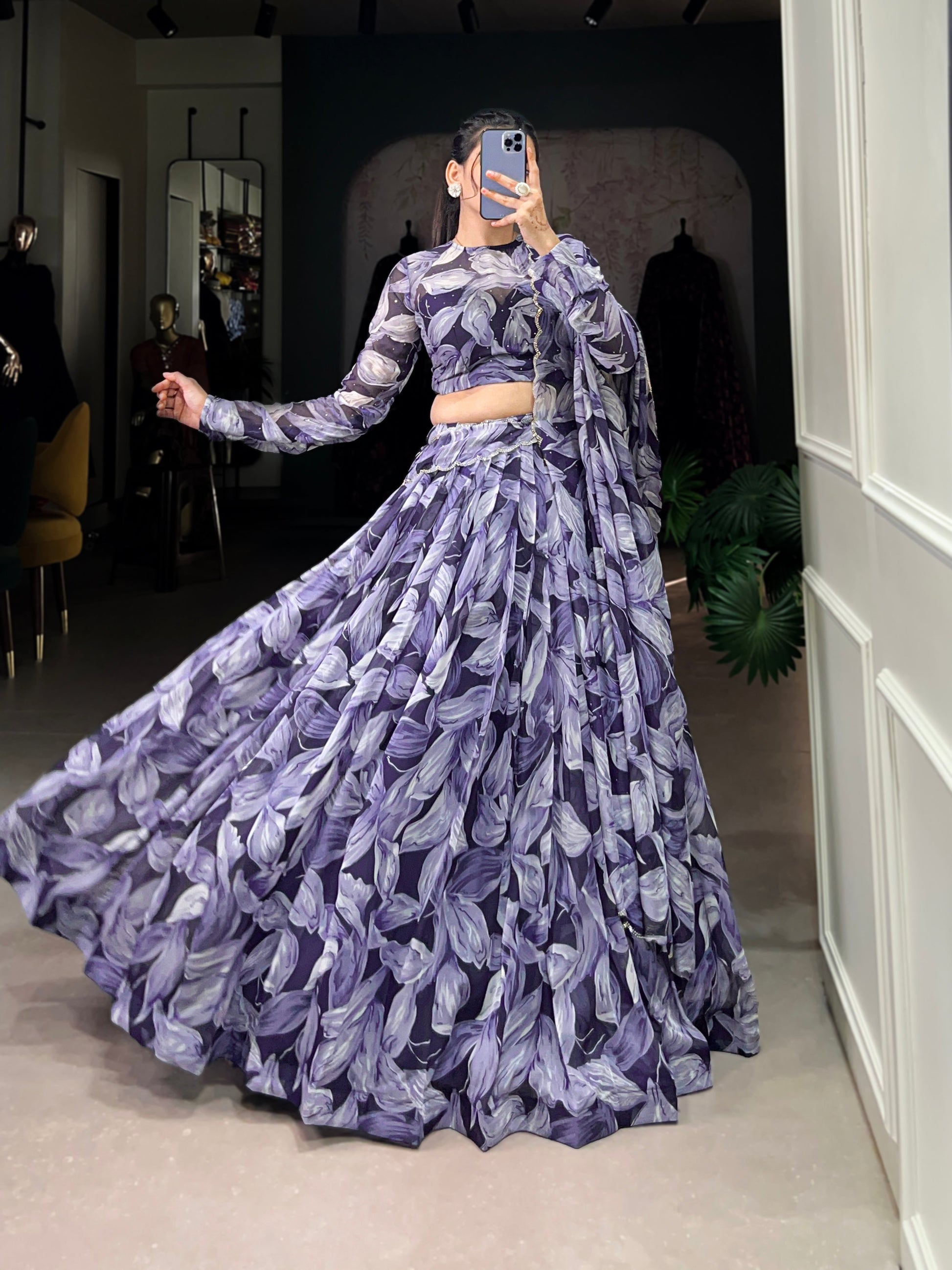 Lorenvalley Navy Blue Floral Print With Lace Touch Up Lehenga Choli with Dupatta | Swadesiicart