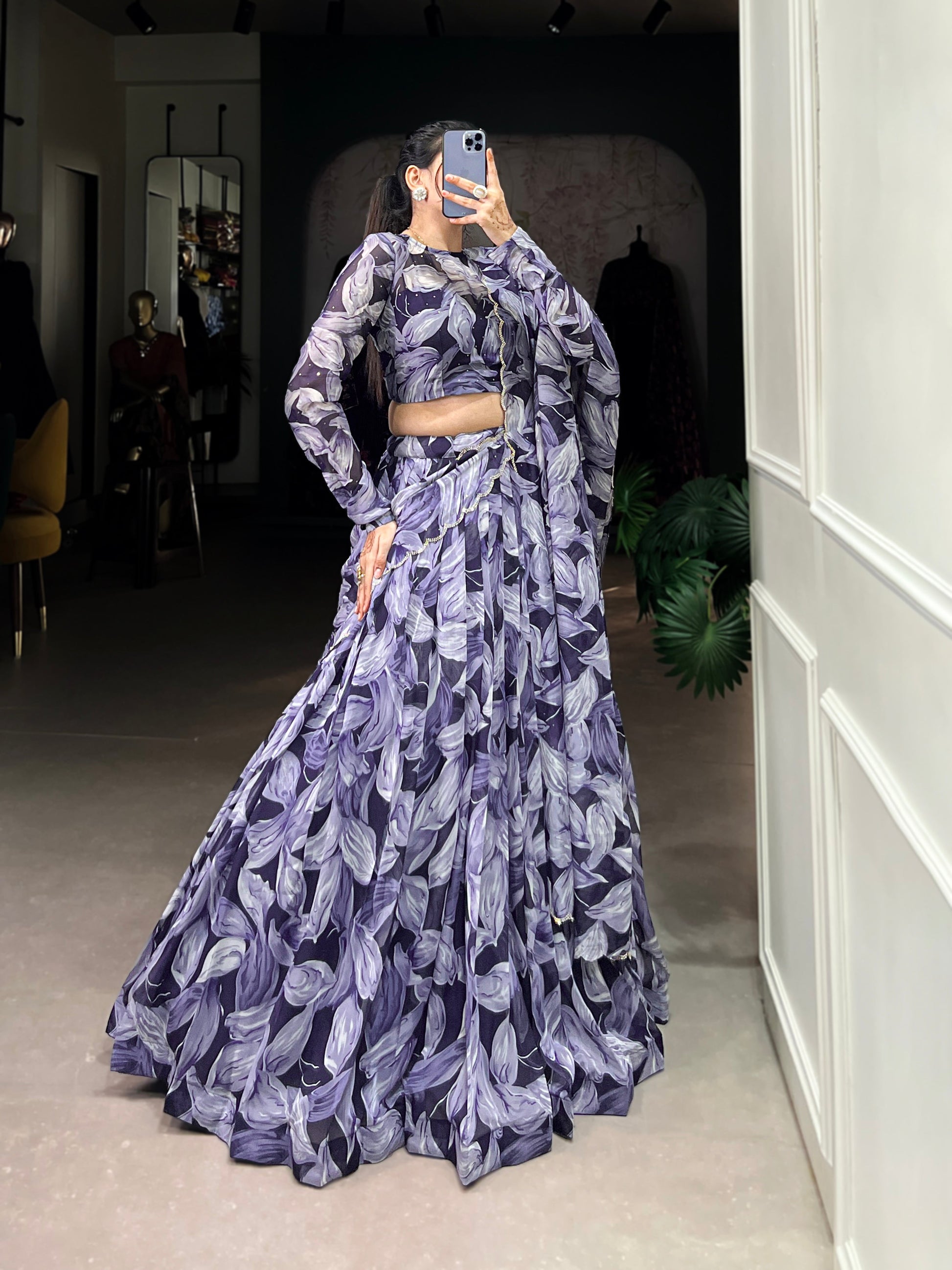 Lorenvalley Navy Blue Floral Print With Lace Touch Up Lehenga Choli with Dupatta | Swadesiicart