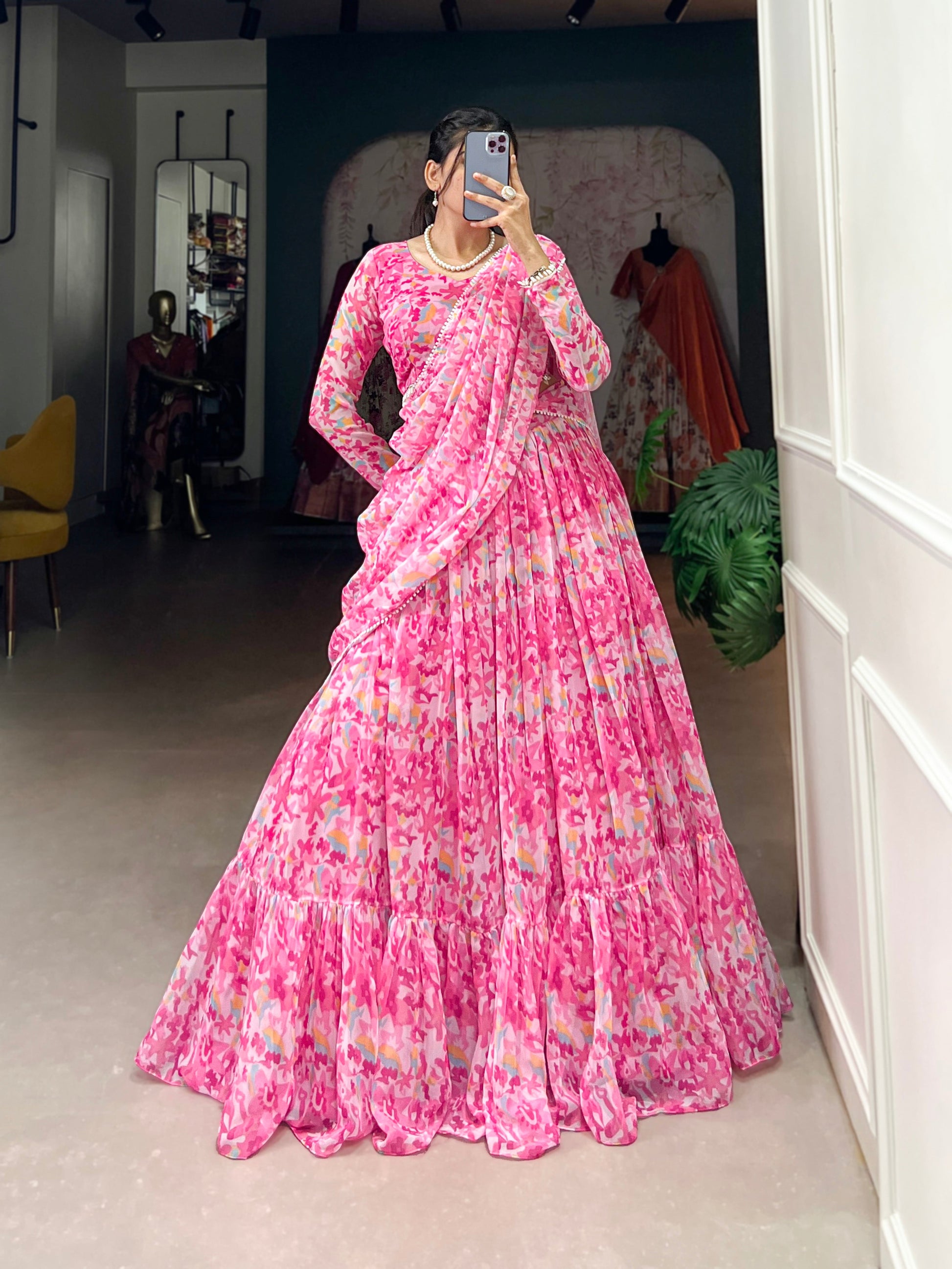 Lorenvalley Pink Georgette Printed Lehenga Choli | Swadesiicart