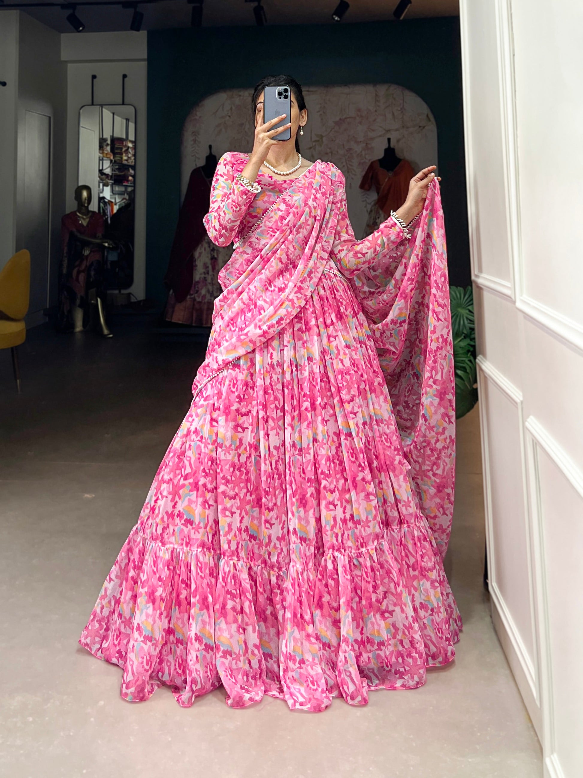 Lorenvalley Pink Georgette Printed Lehenga Choli | Swadesiicart