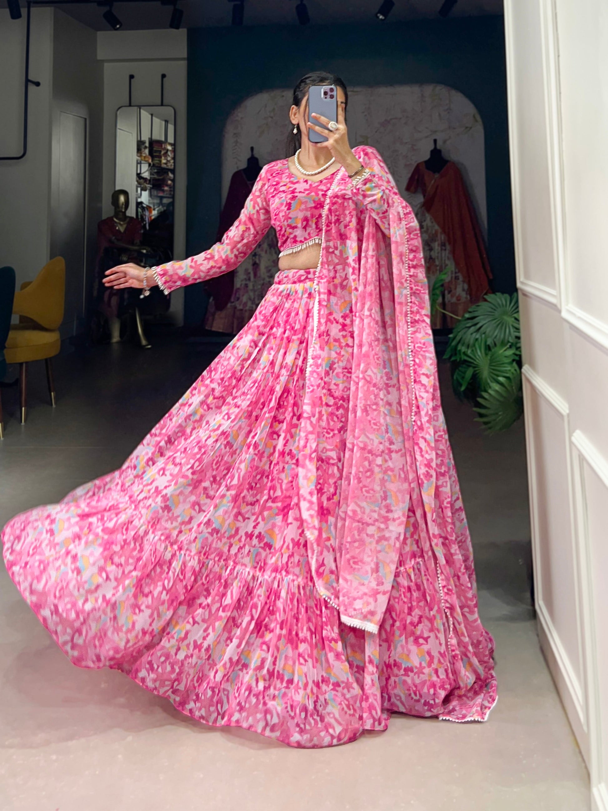 Lorenvalley Pink Georgette Printed Lehenga Choli | Swadesiicart