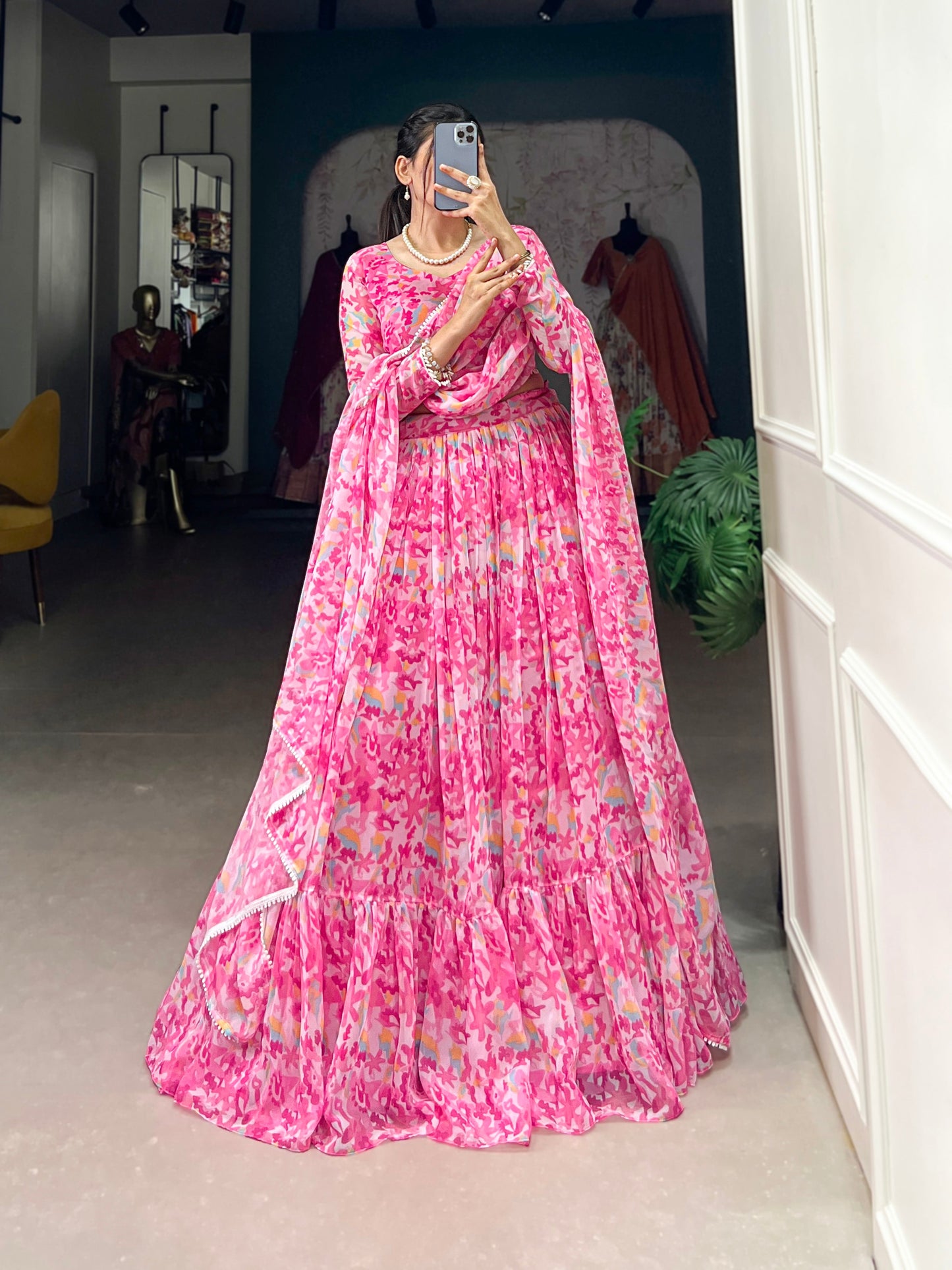 Lorenvalley Pink Georgette Printed Lehenga Choli | Swadesiicart