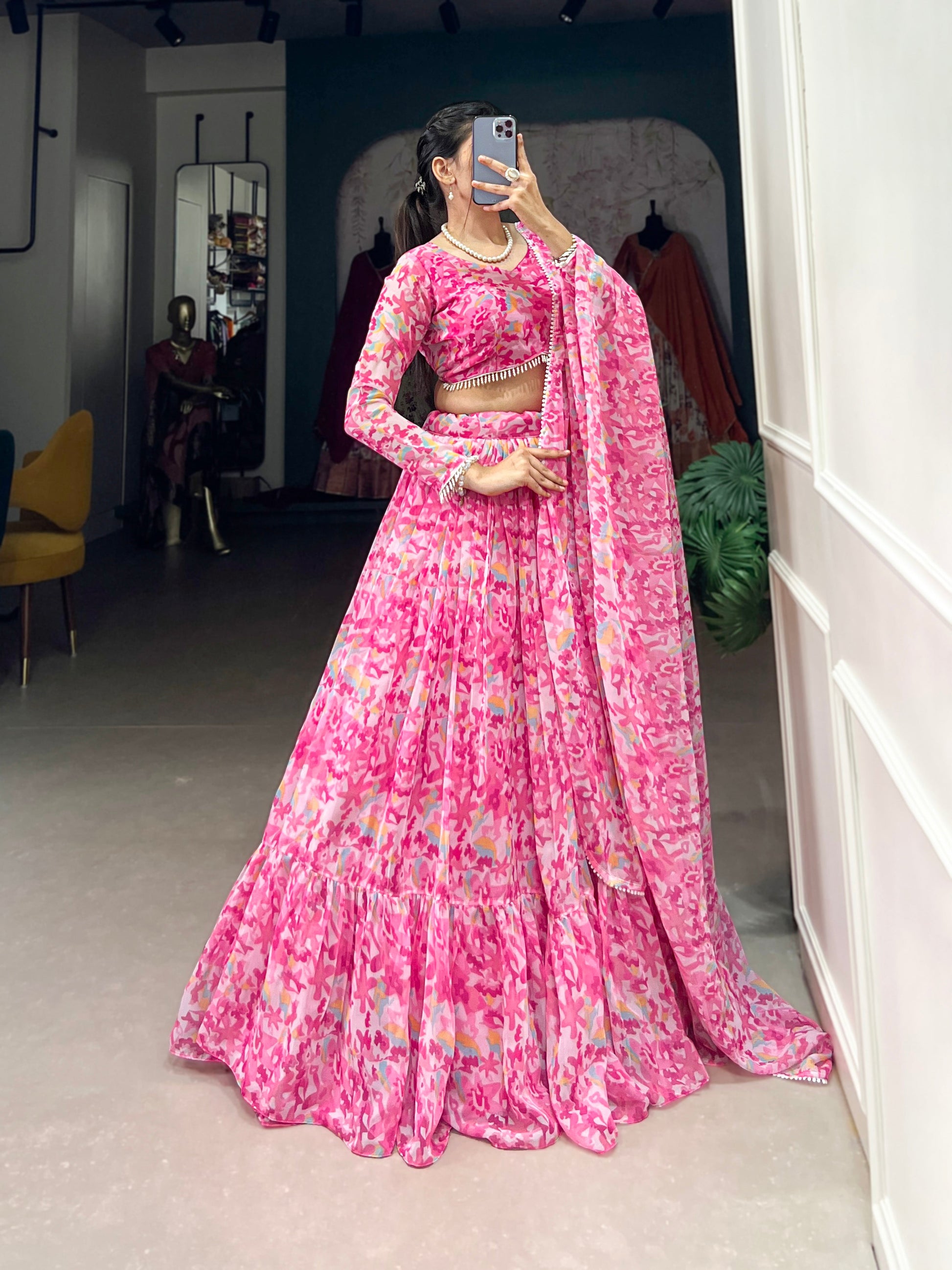Lorenvalley Pink Georgette Printed Lehenga Choli | Swadesiicart