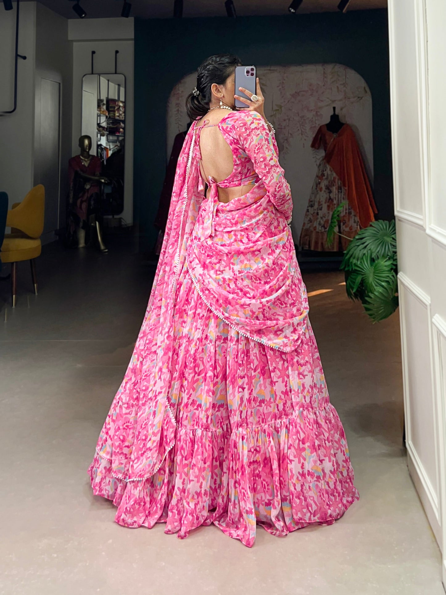 Lorenvalley Pink Georgette Printed Lehenga Choli | Swadesiicart