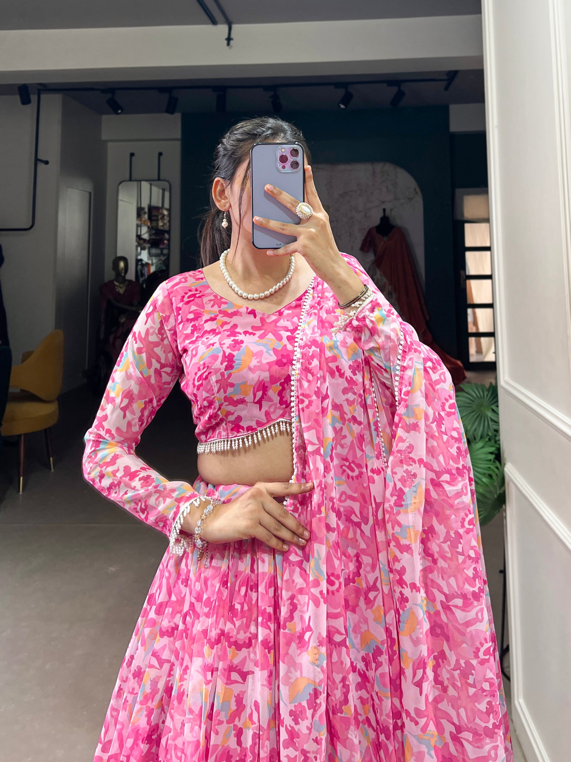 Lorenvalley Pink Georgette Printed Lehenga Choli | Swadesiicart