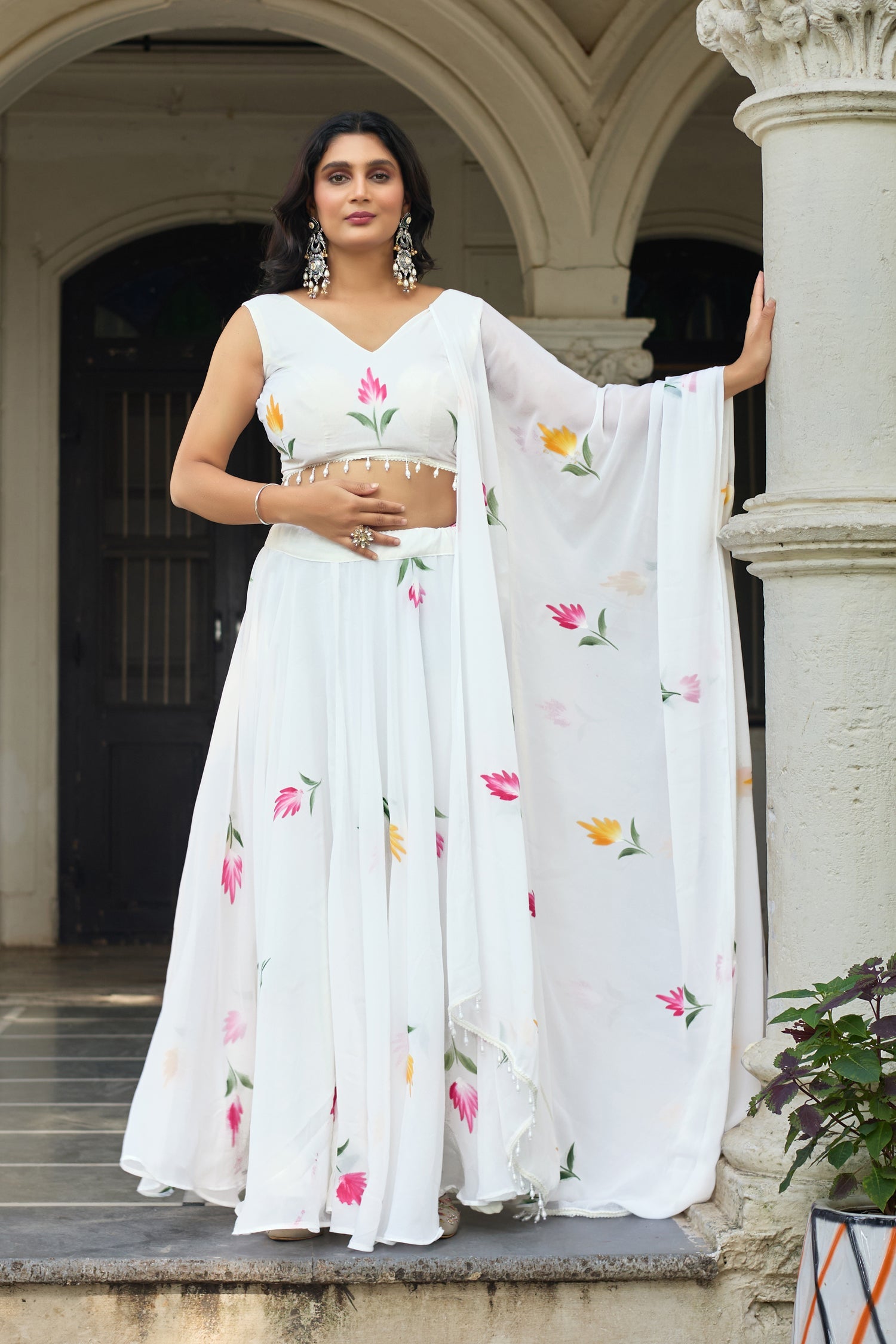 Lorenvalley Fashion White Georgette with Hand-painted Floral Design Lehenga Choli with Dupatta - Swadesiicart