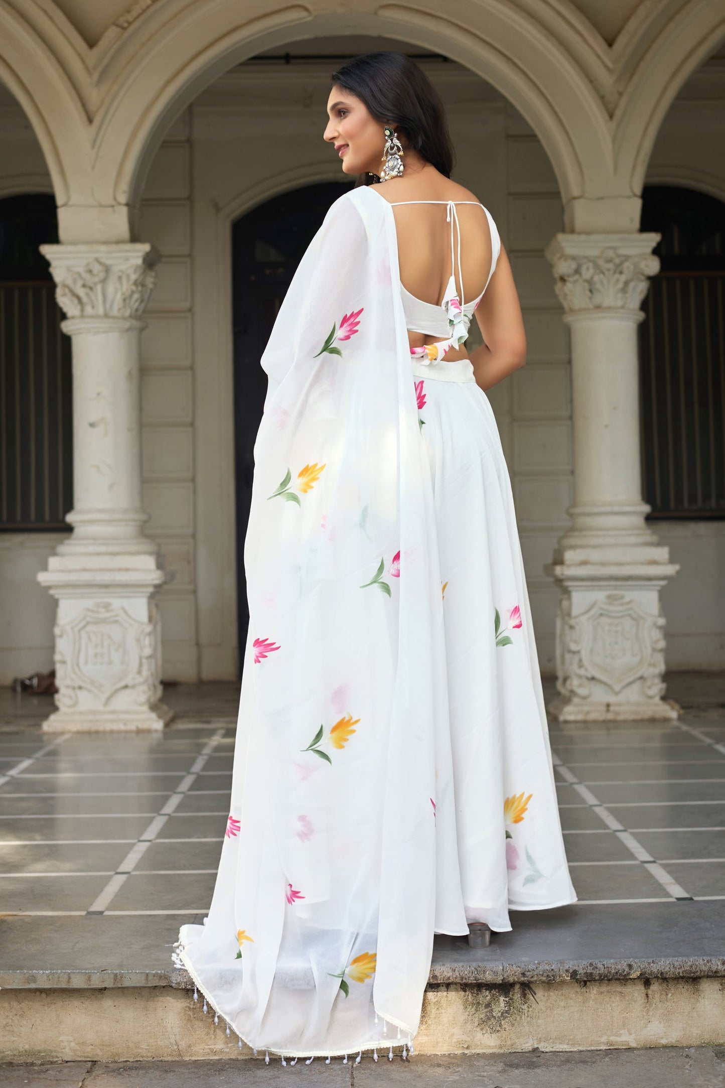 Lorenvalley Fashion White Georgette with Hand-painted Floral Design Lehenga Choli with Dupatta - Swadesiicart