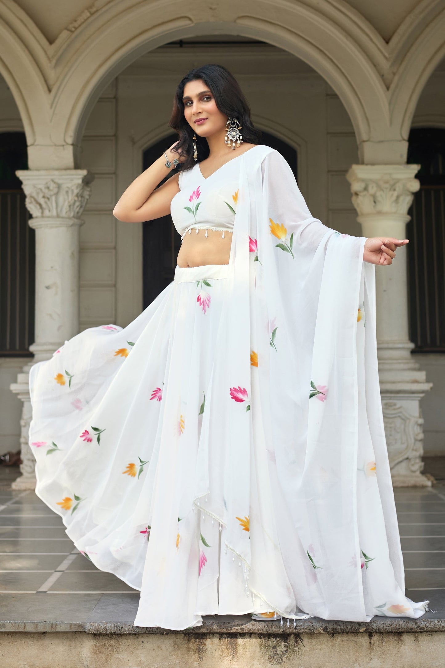 Lorenvalley Fashion White Georgette with Hand-painted Floral Design Lehenga Choli with Dupatta - Swadesiicart