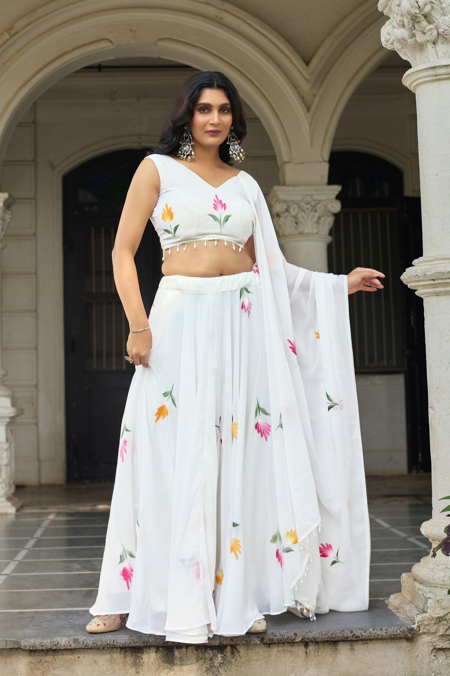 Lorenvalley Fashion White Georgette with Hand-painted Floral Design Lehenga Choli with Dupatta - Swadesiicart