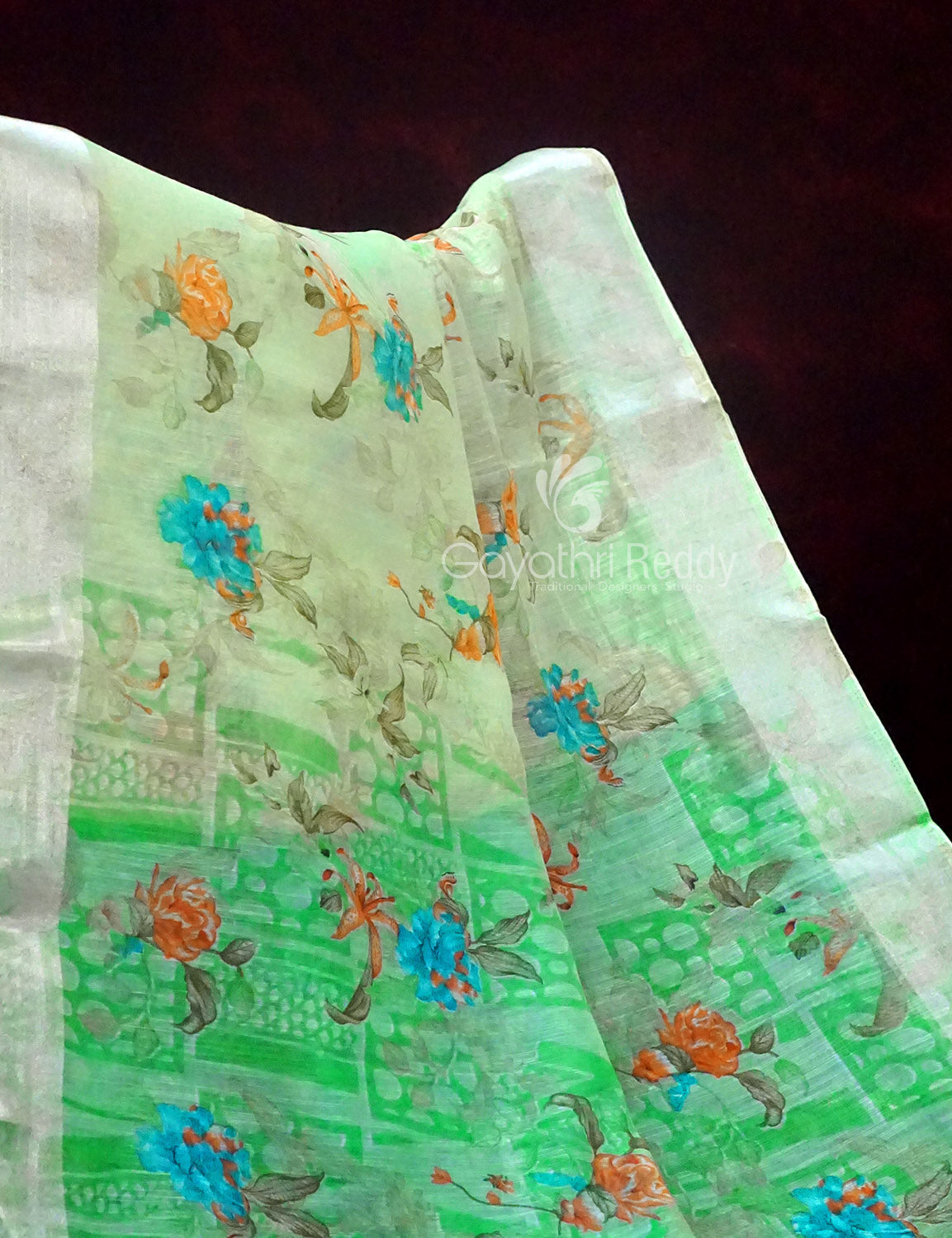Shades of Apple Green With Turquoise Green Blouse Floral Design Semi Chanderi Saree By Gayathri Reddy Designer Studio | Swadesiicart