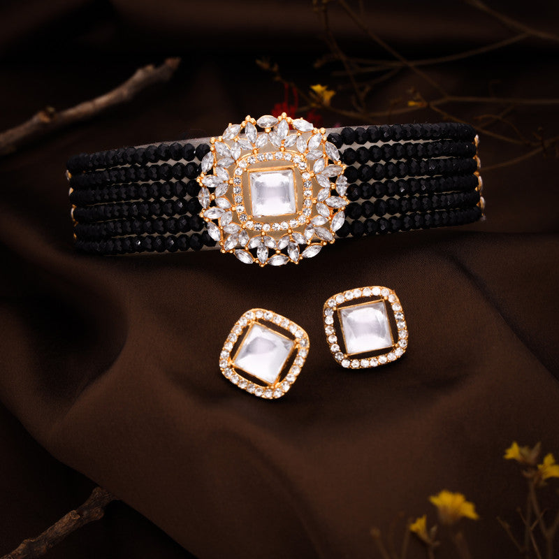 Tehzeeb Creations Brass Gold-Polished Gold, Black, White Jewel Set - Swadesiicart