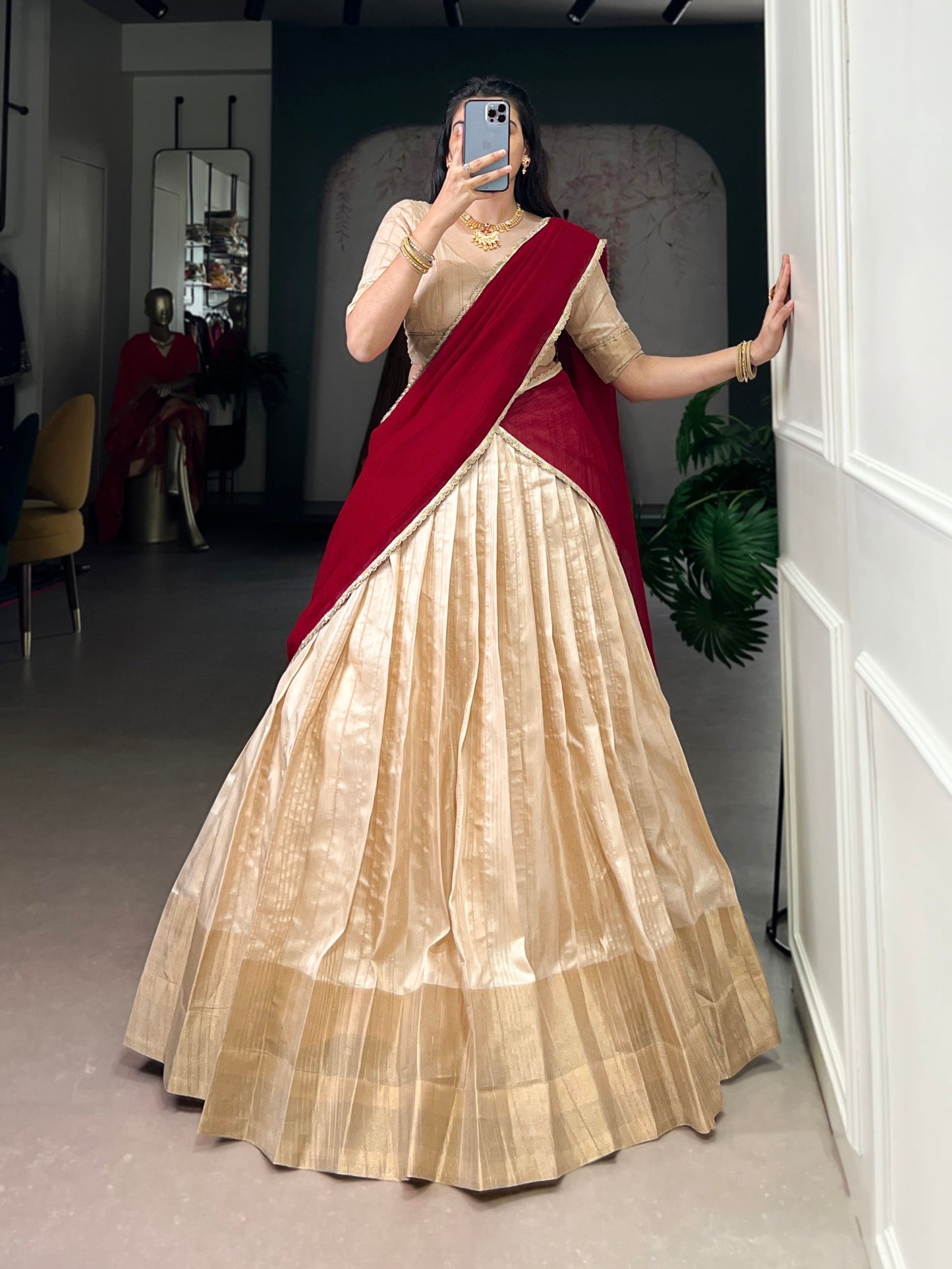 Lorenvalley Fashion Cream Handloom Zari Waving Work Lehenga Choli with Dupatta - Swadesiicart