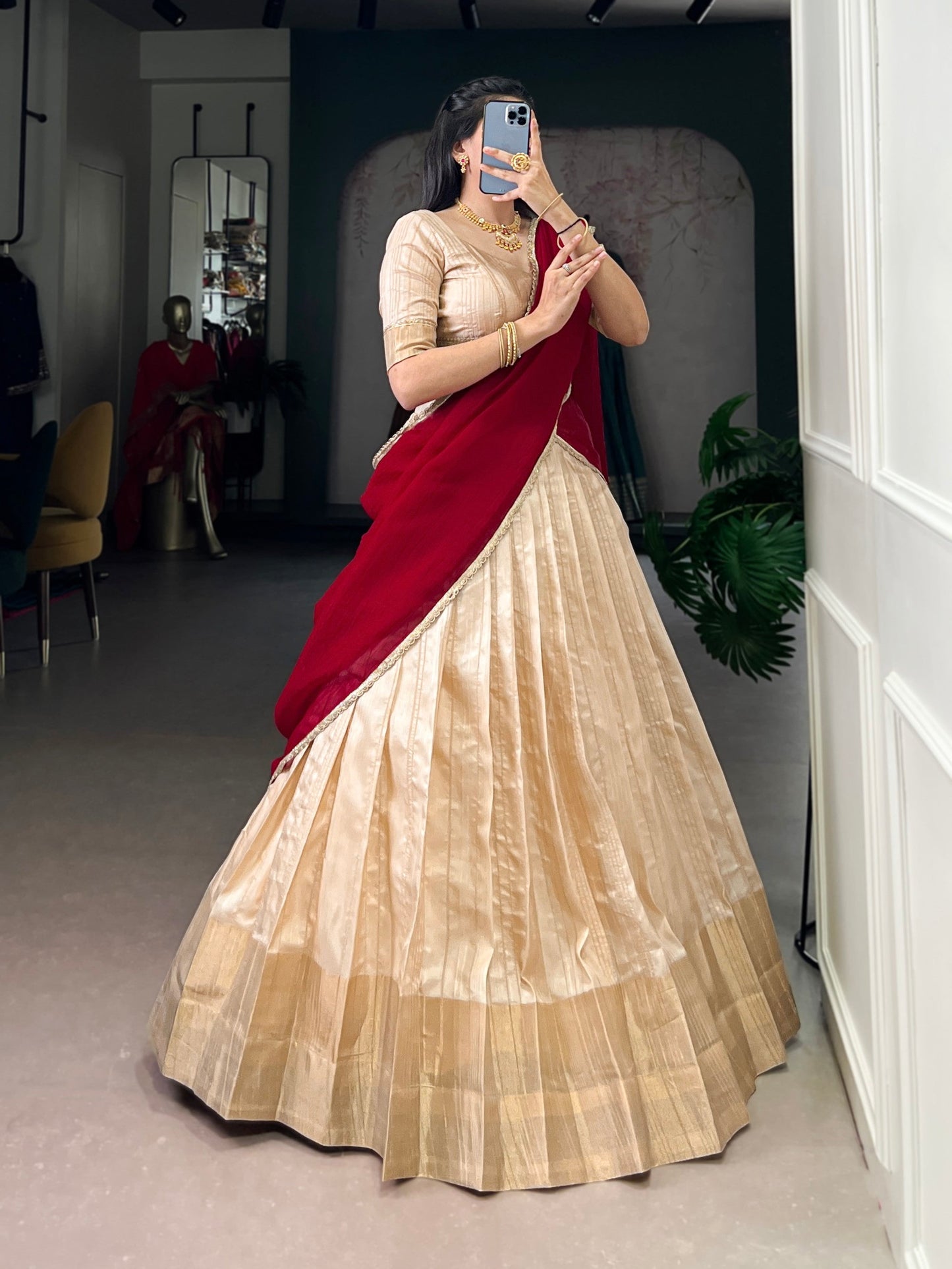 Lorenvalley Fashion Cream Handloom Zari Waving Work Lehenga Choli with Dupatta - Swadesiicart