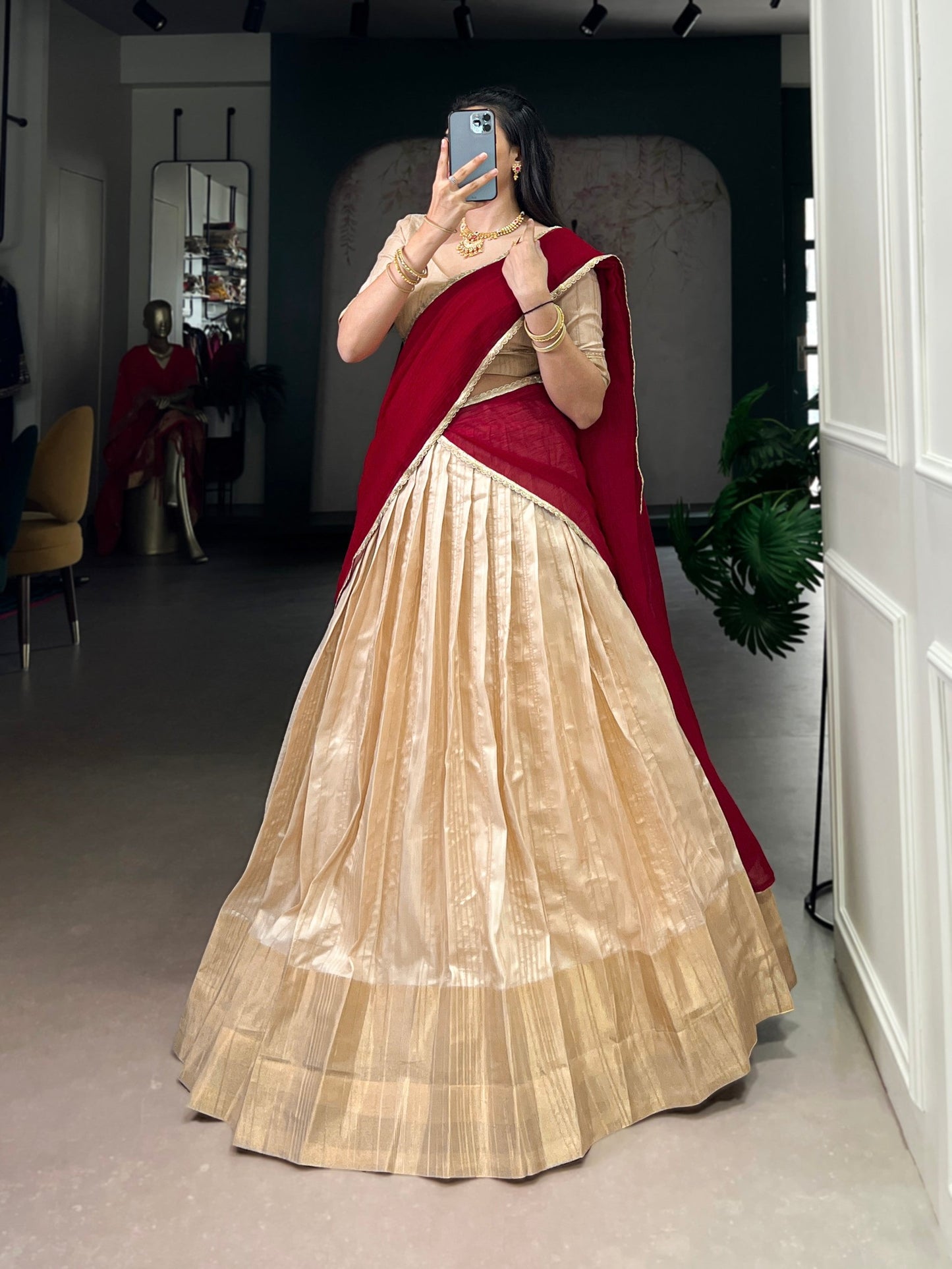 Lorenvalley Fashion Cream Handloom Zari Waving Work Lehenga Choli with Dupatta - Swadesiicart