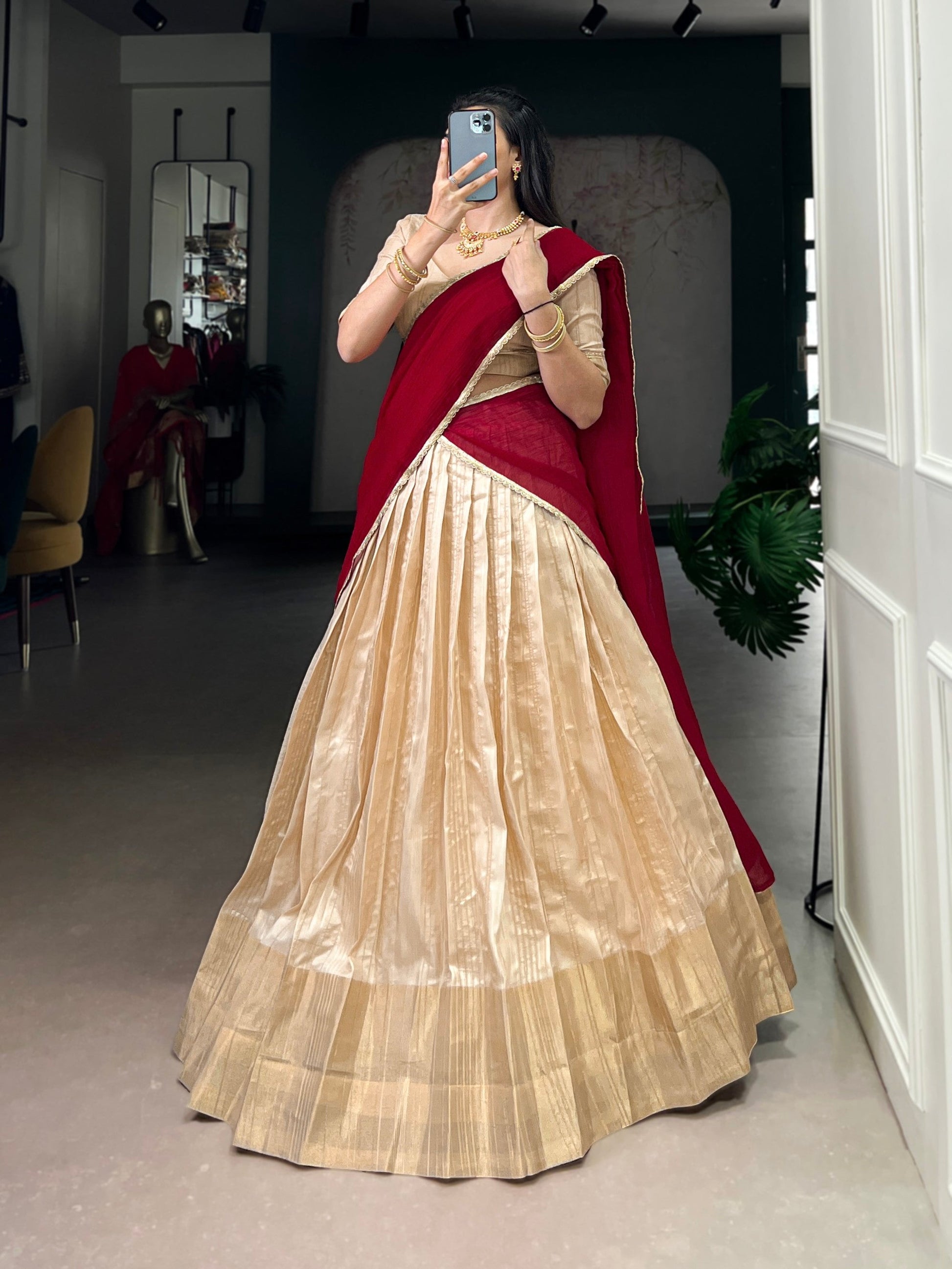 Lorenvalley Fashion Cream Handloom Zari Waving Work Lehenga Choli with Dupatta - Swadesiicart