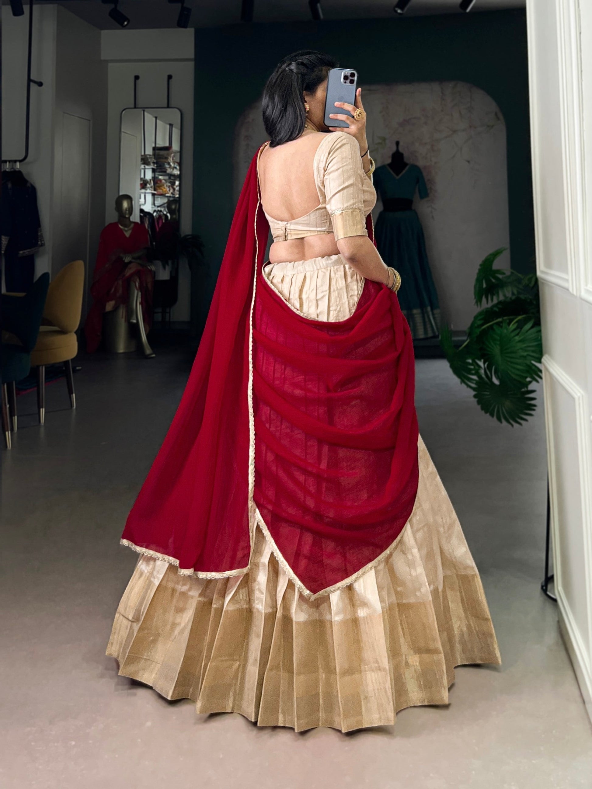 Lorenvalley Fashion Cream Handloom Zari Waving Work Lehenga Choli with Dupatta - Swadesiicart