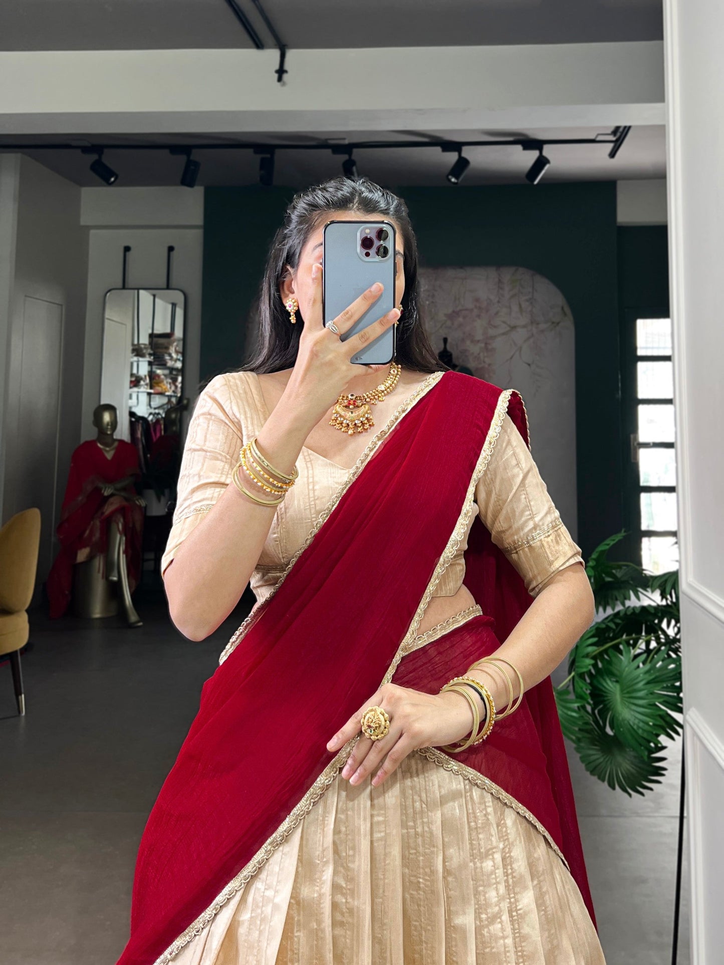 Lorenvalley Fashion Cream Handloom Zari Waving Work Lehenga Choli with Dupatta - Swadesiicart