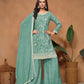 Anaita Aqua Blue Embroidered Chinon Silk Palazzo Suit