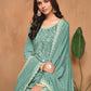 Anaita Aqua Blue Embroidered Chinon Silk Palazzo Suit