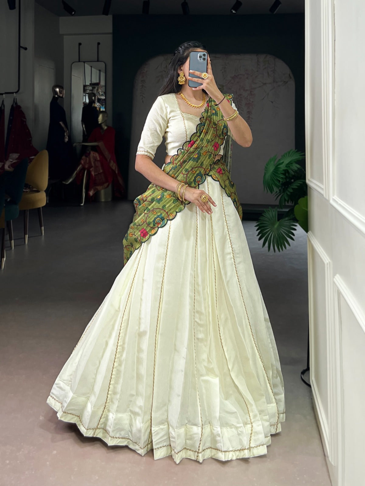 Lorenvalley Fashion Off White New Crush Plain with Laser Touch Up Lehenga Choli with Dupatta - Swadesiicart