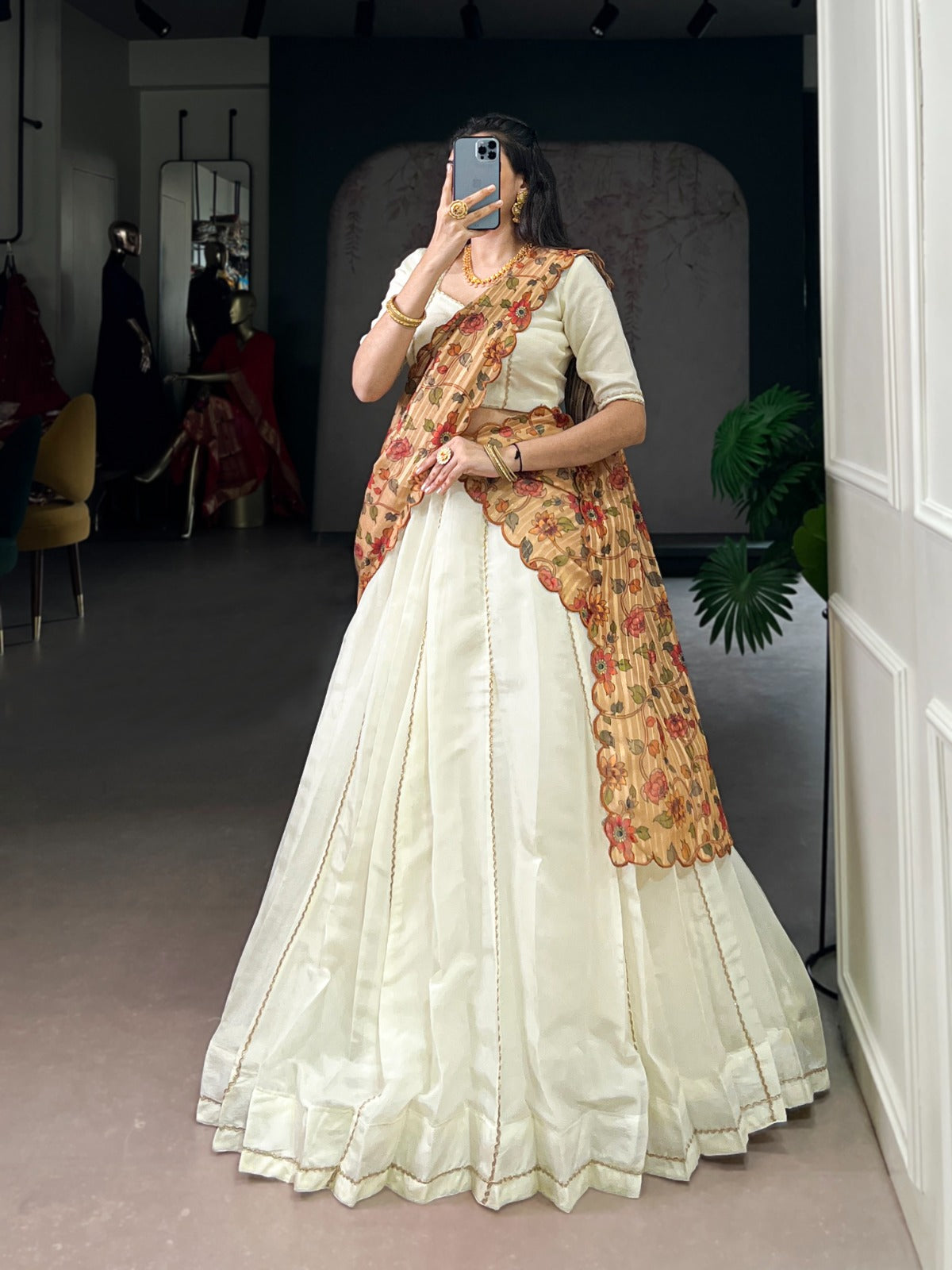 Lorenvalley Fashion Off White New Crush Plain with Laser Touch Up Lehenga Choli with Dupatta - Swadesiicart