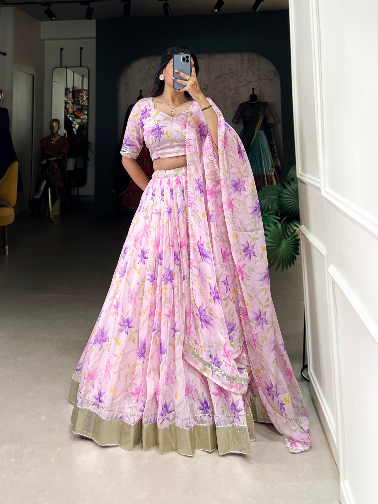 Lorenvalley Pink Tabby Silk Floral Print With Lace Touch Up Lehenga Choli with Dupatta | Swadesiicart