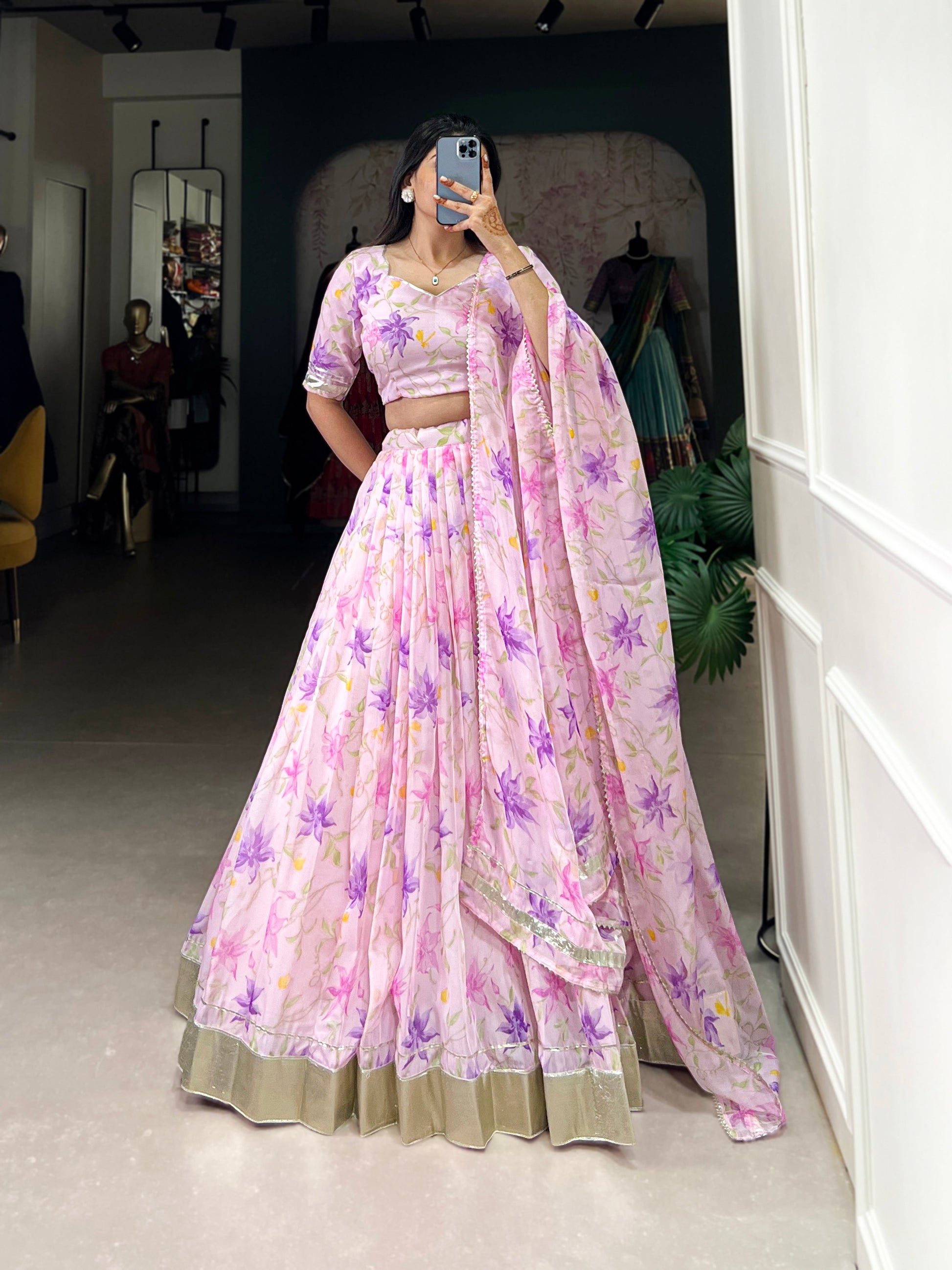 Lorenvalley Pink Tabby Silk Floral Print With Lace Touch Up Lehenga Choli with Dupatta | Swadesiicart