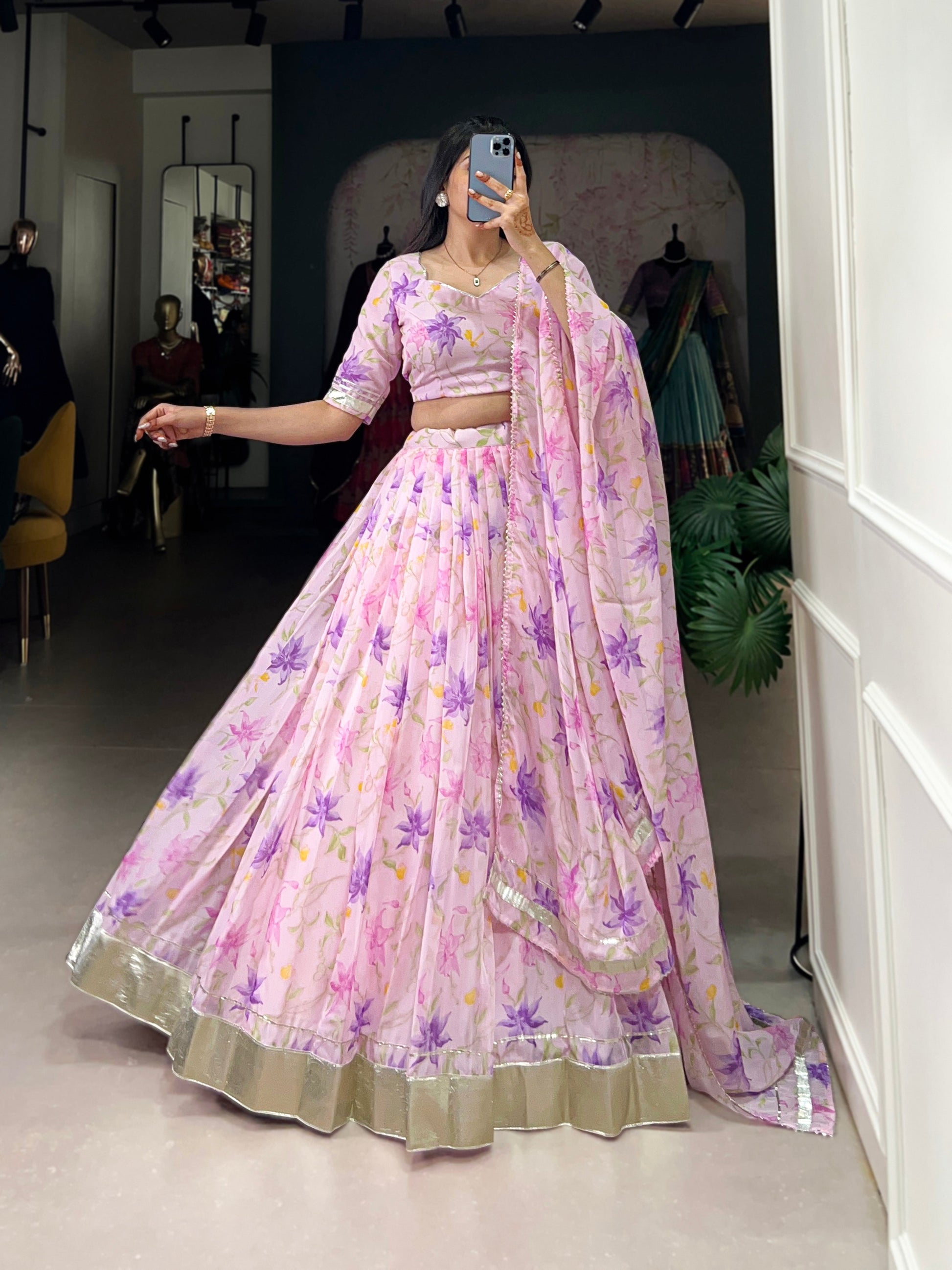 Lorenvalley Pink Tabby Silk Floral Print With Lace Touch Up Lehenga Choli with Dupatta | Swadesiicart