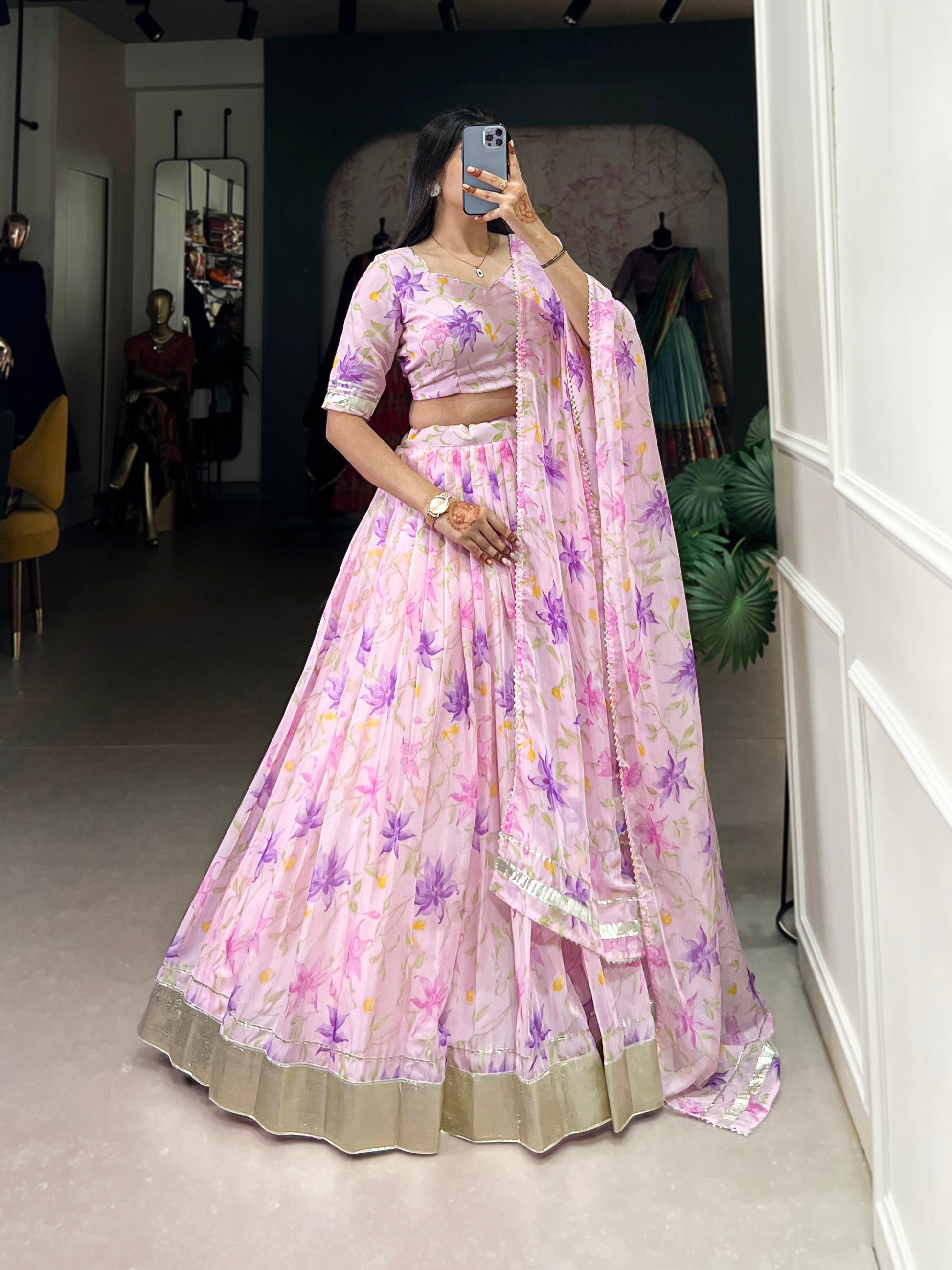 Lorenvalley Pink Tabby Silk Floral Print With Lace Touch Up Lehenga Choli with Dupatta | Swadesiicart