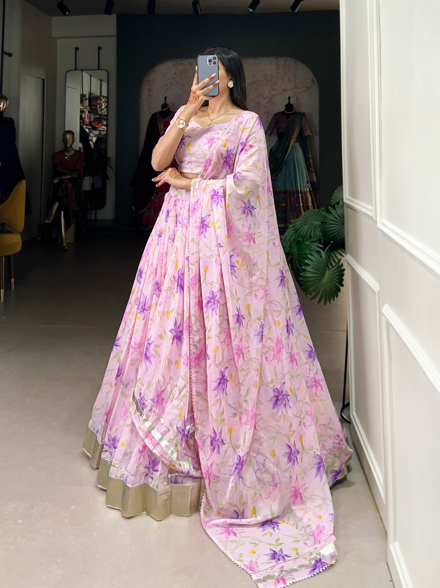 Lorenvalley Pink Tabby Silk Floral Print With Lace Touch Up Lehenga Choli with Dupatta | Swadesiicart