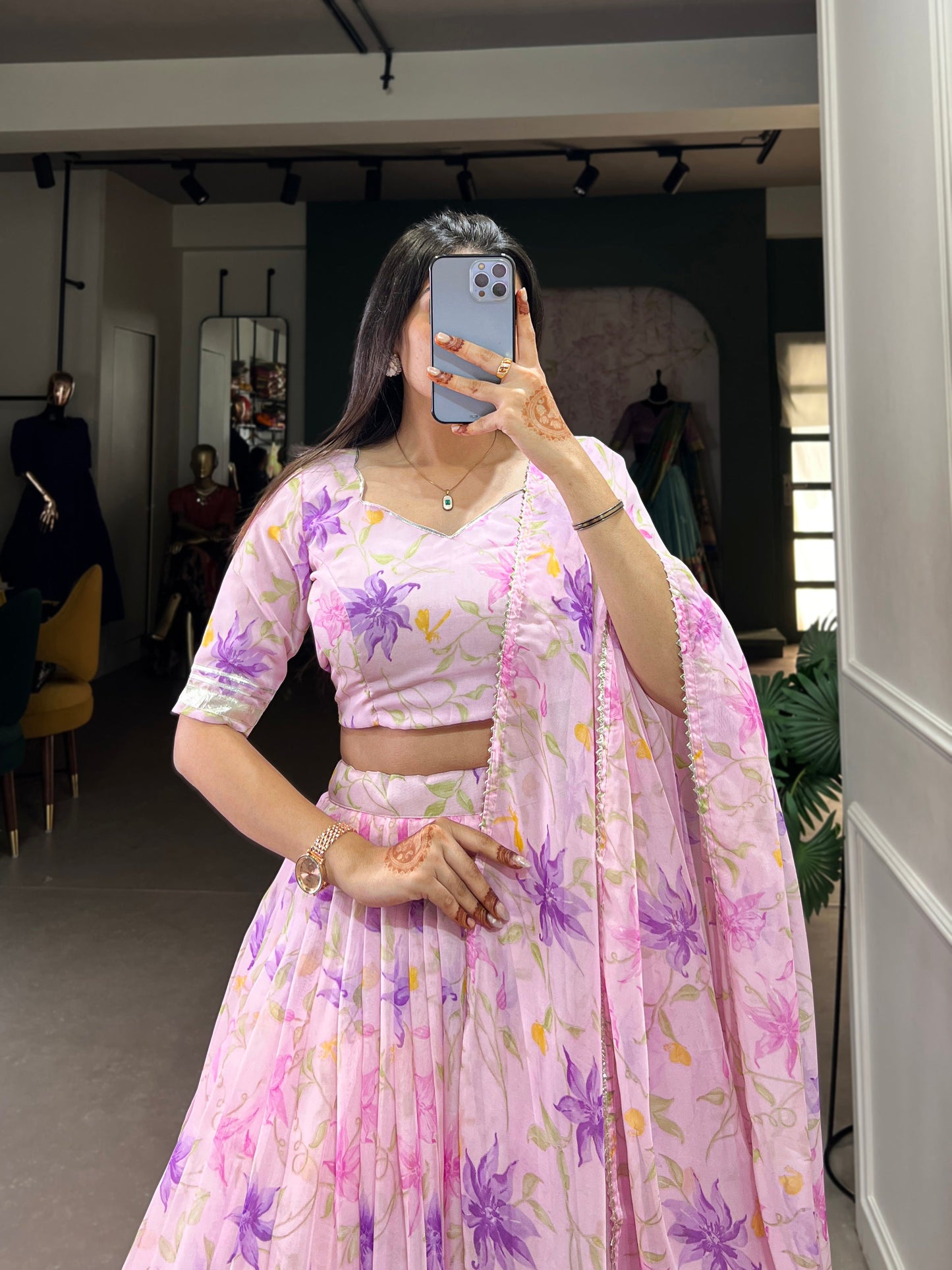 Lorenvalley Pink Tabby Silk Floral Print With Lace Touch Up Lehenga Choli with Dupatta | Swadesiicart